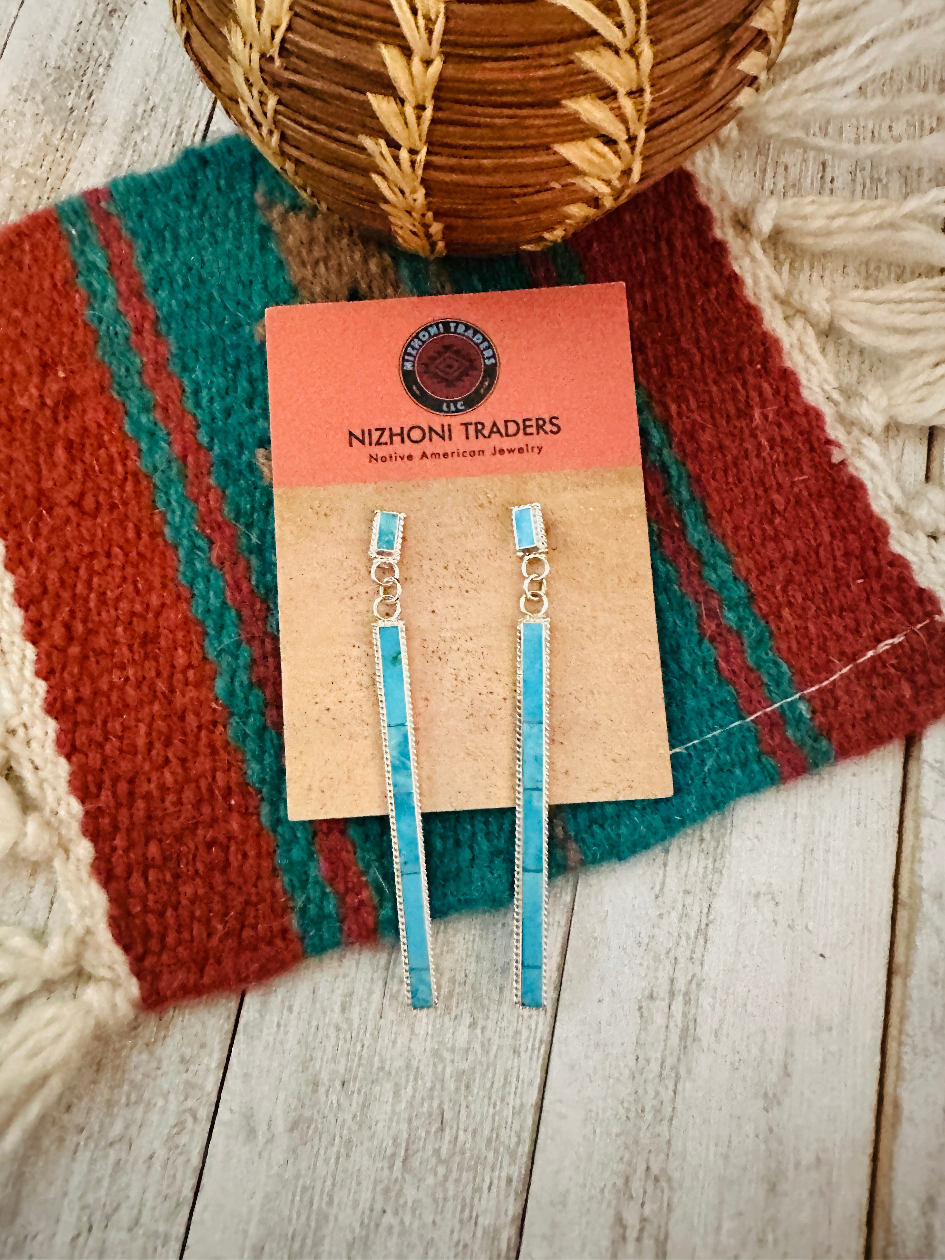 Navajo Turquoise & Sterling Silver Inlay Dangle Earrings