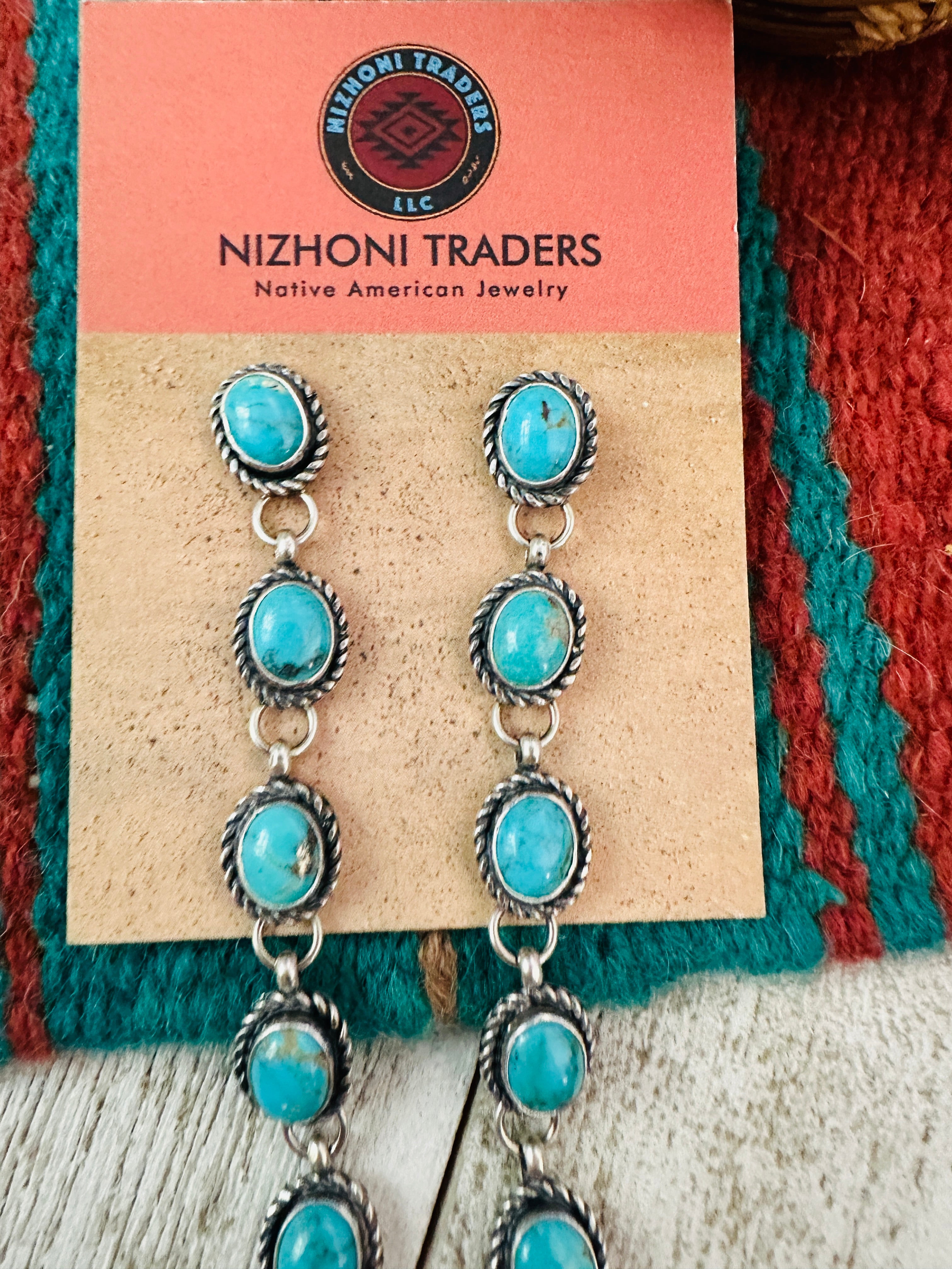 Navajo Turquoise And Sterling Silver Drop Dangle Earrings