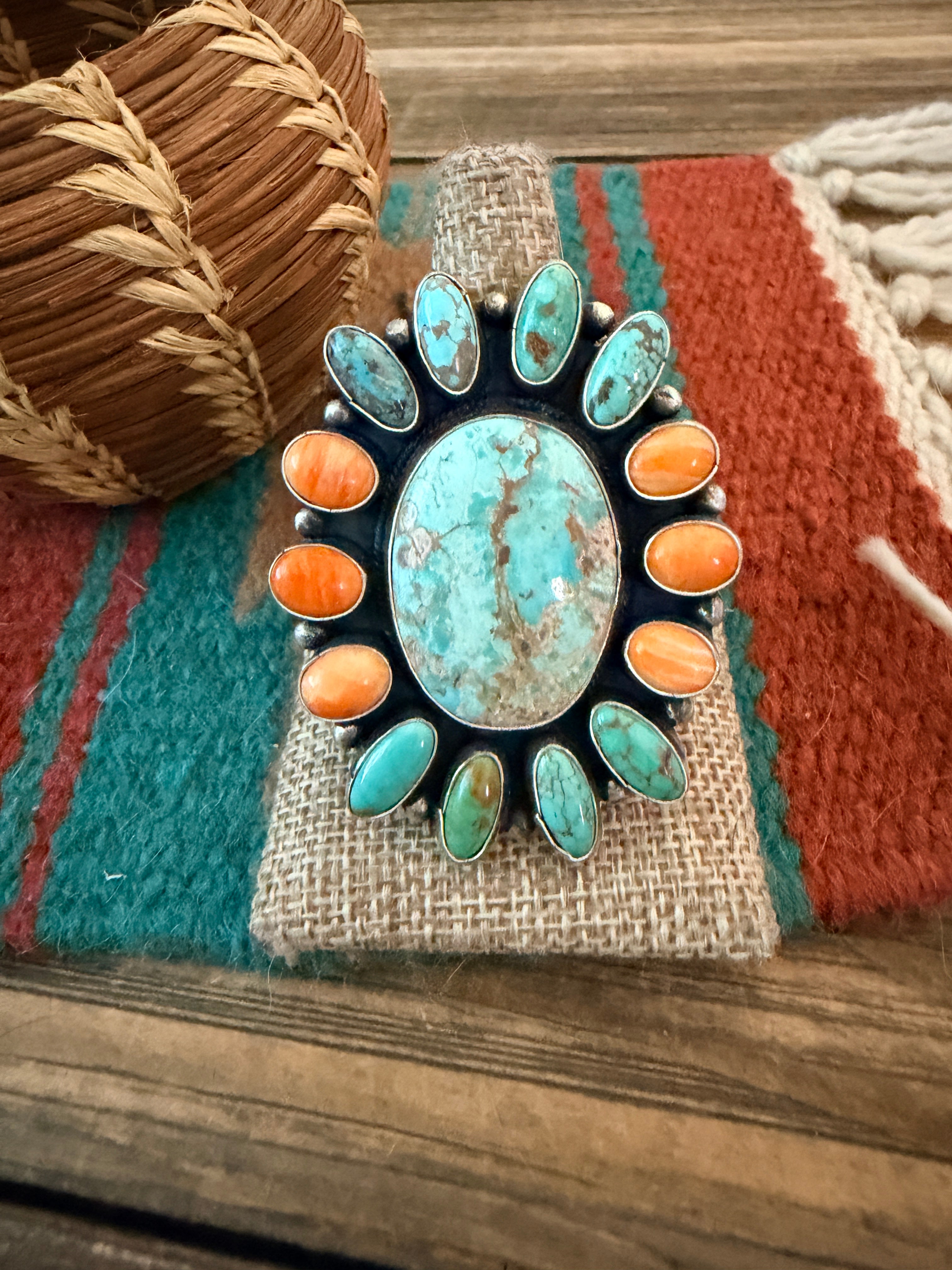 Handcrafted Spiny Oyster, Turquoise & Sterling Silver Cluster Ring by
