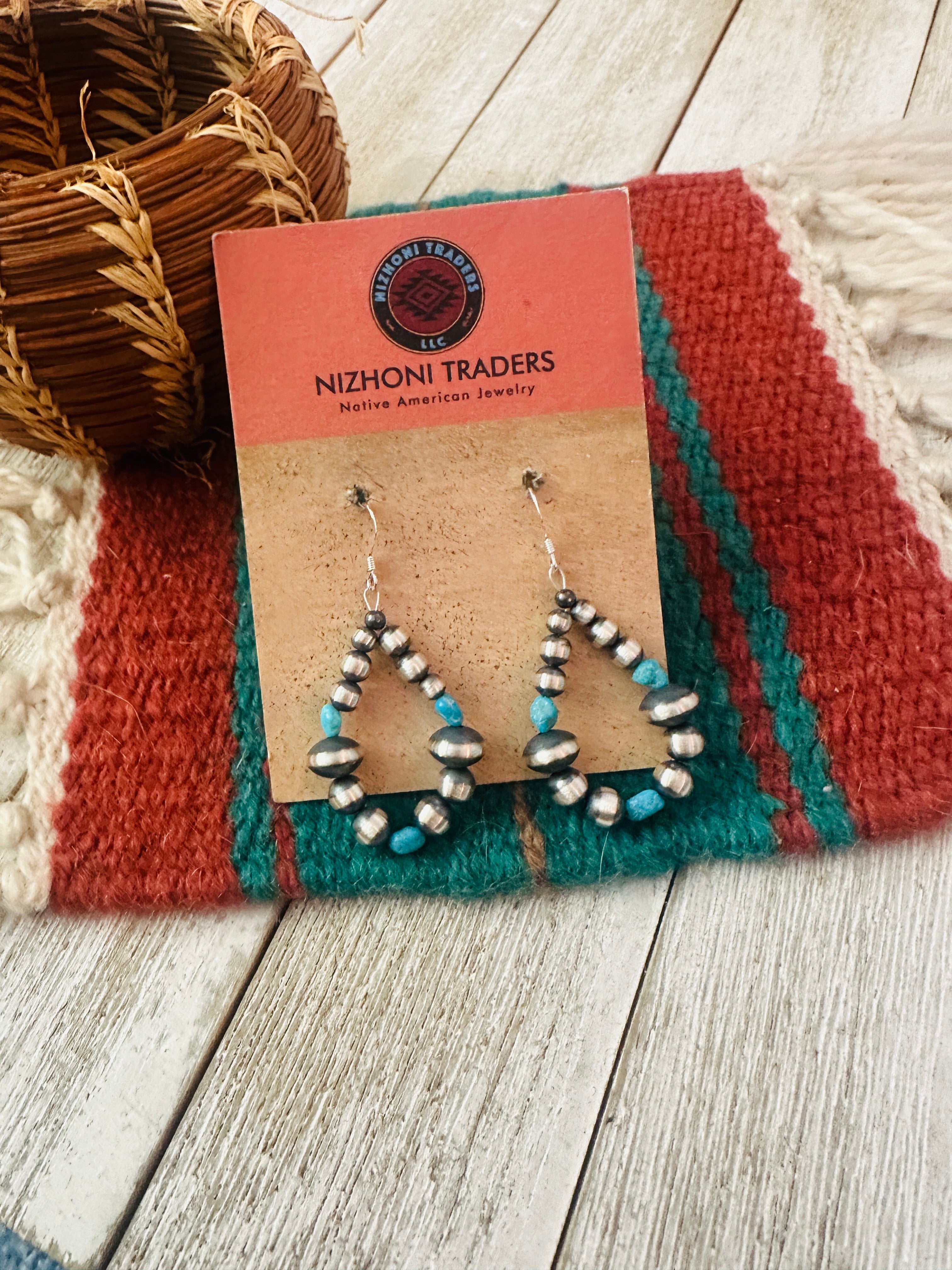 Handcrafted Turquoise & Sterling Silver Beaded Dangle Hoop Earrings