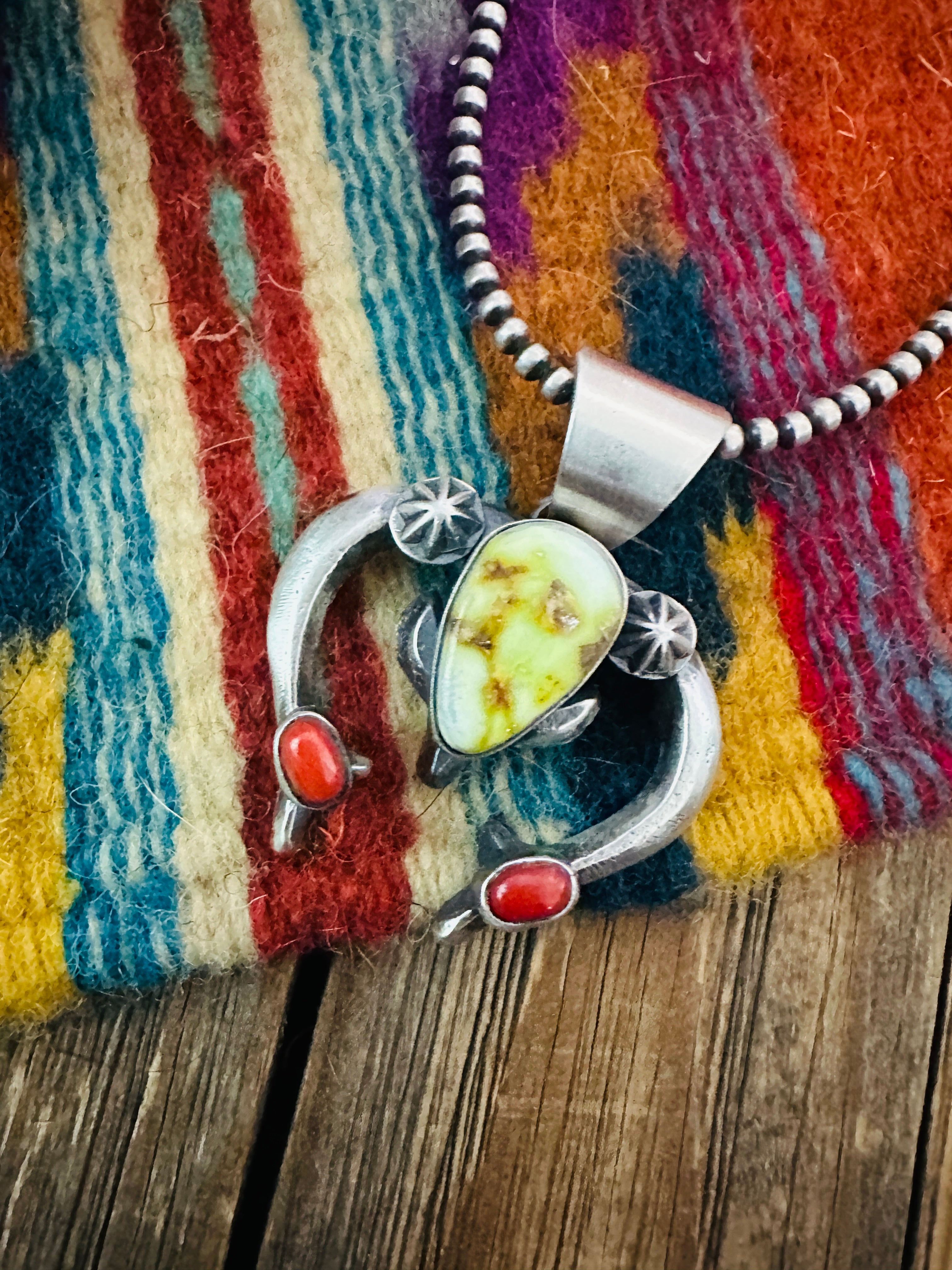 Handcrafted Sterling Silver, Turquoise & Coral Naja Pendant by Chimney Butte