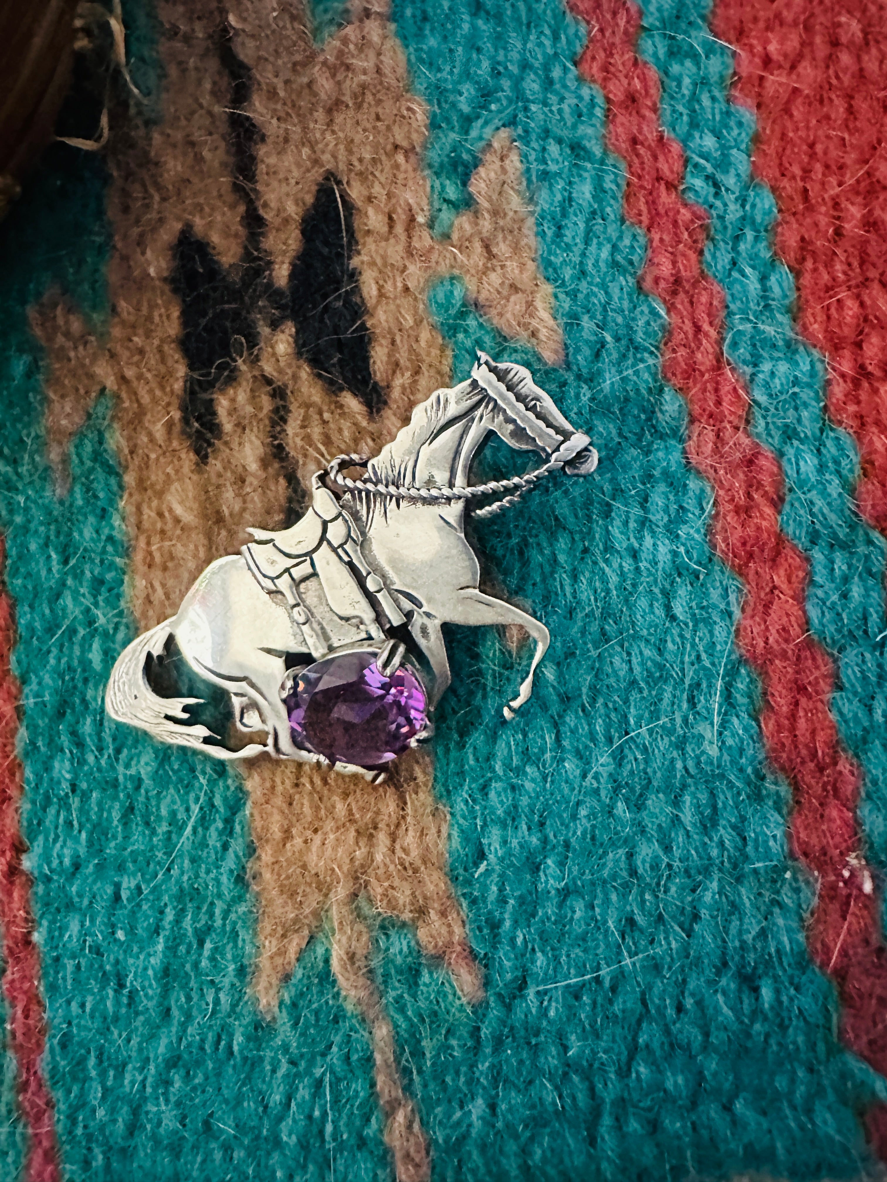 Handcrafted Old Pawn Sterling Silver & Amethyst Horse Brooch