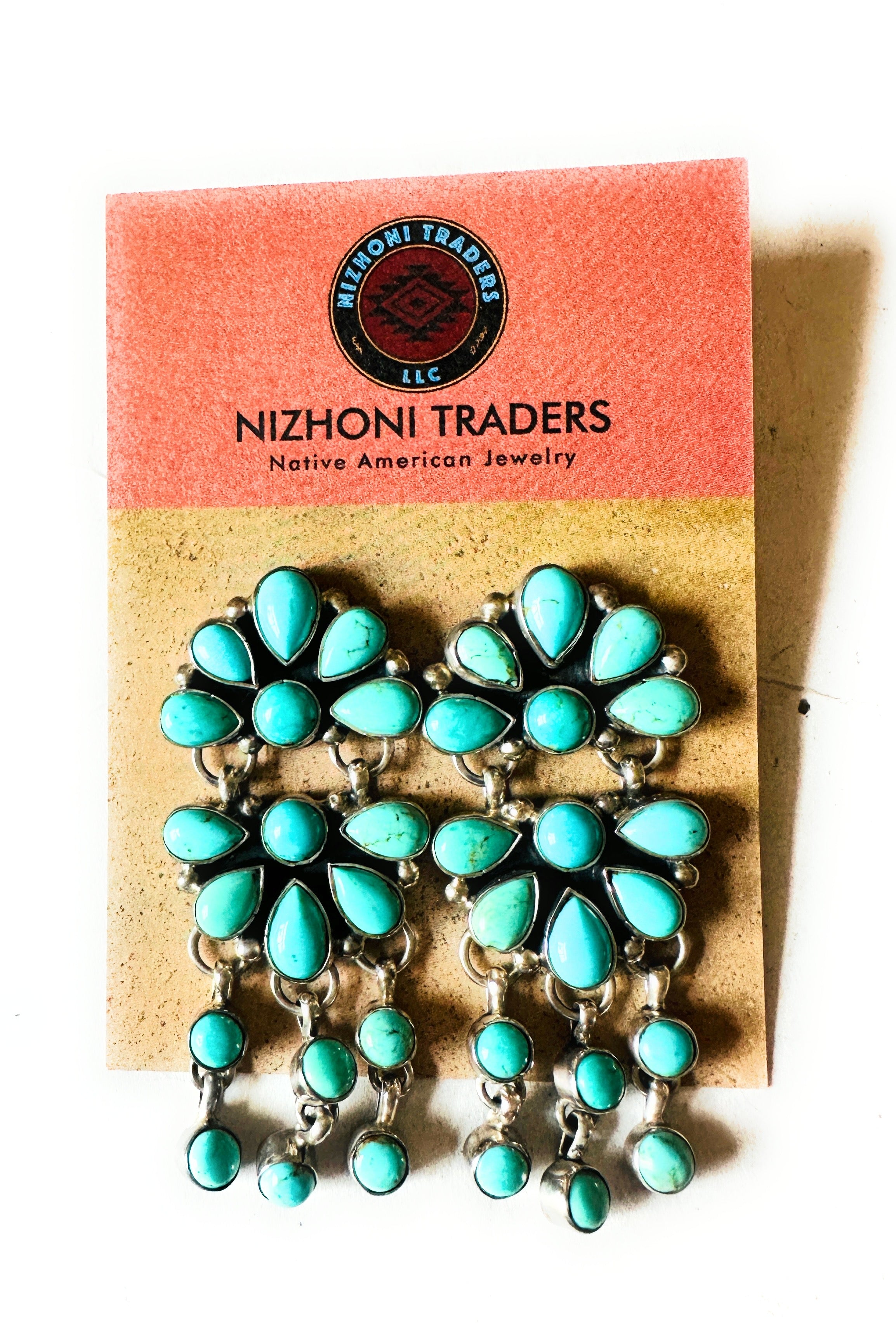 Navajo Turquoise & Sterling Silver Cluster Dangle Earrings