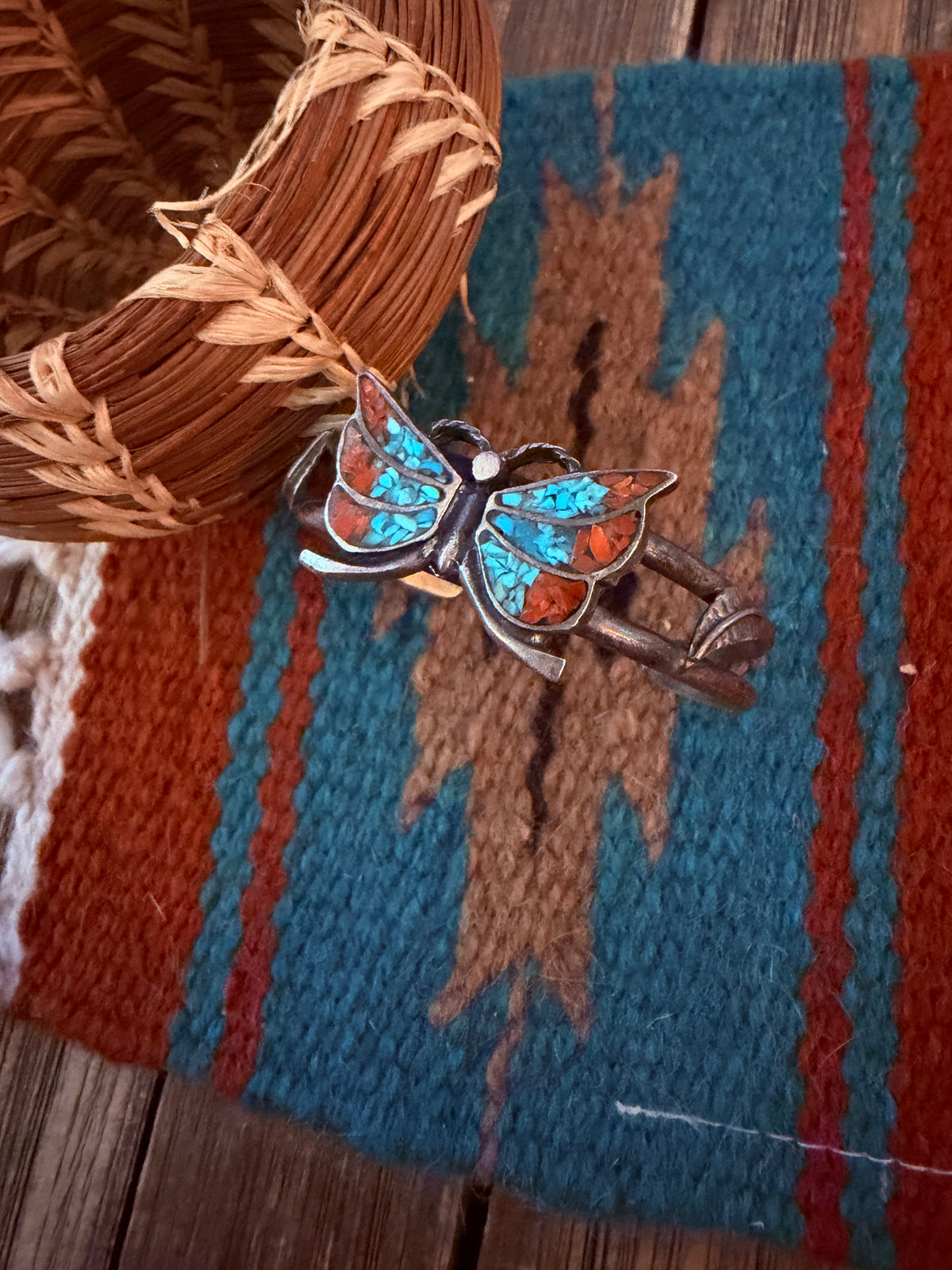 Handcrafted Old Pawn Sterling Silver, Turquoise & Coral Butterfly Cuff Bracelet