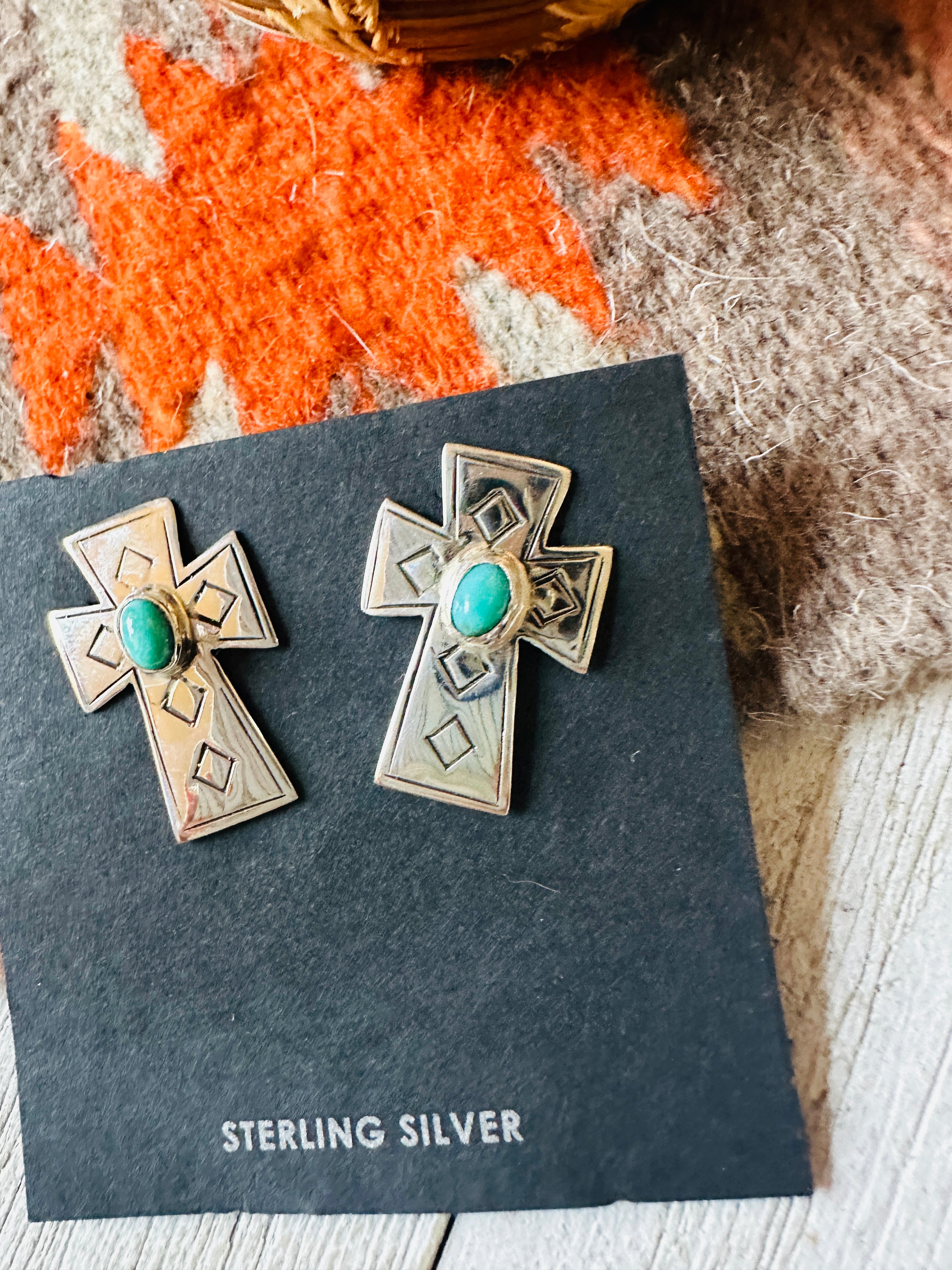 Navajo Sterling Silver & Turquoise Cross Post Earrings