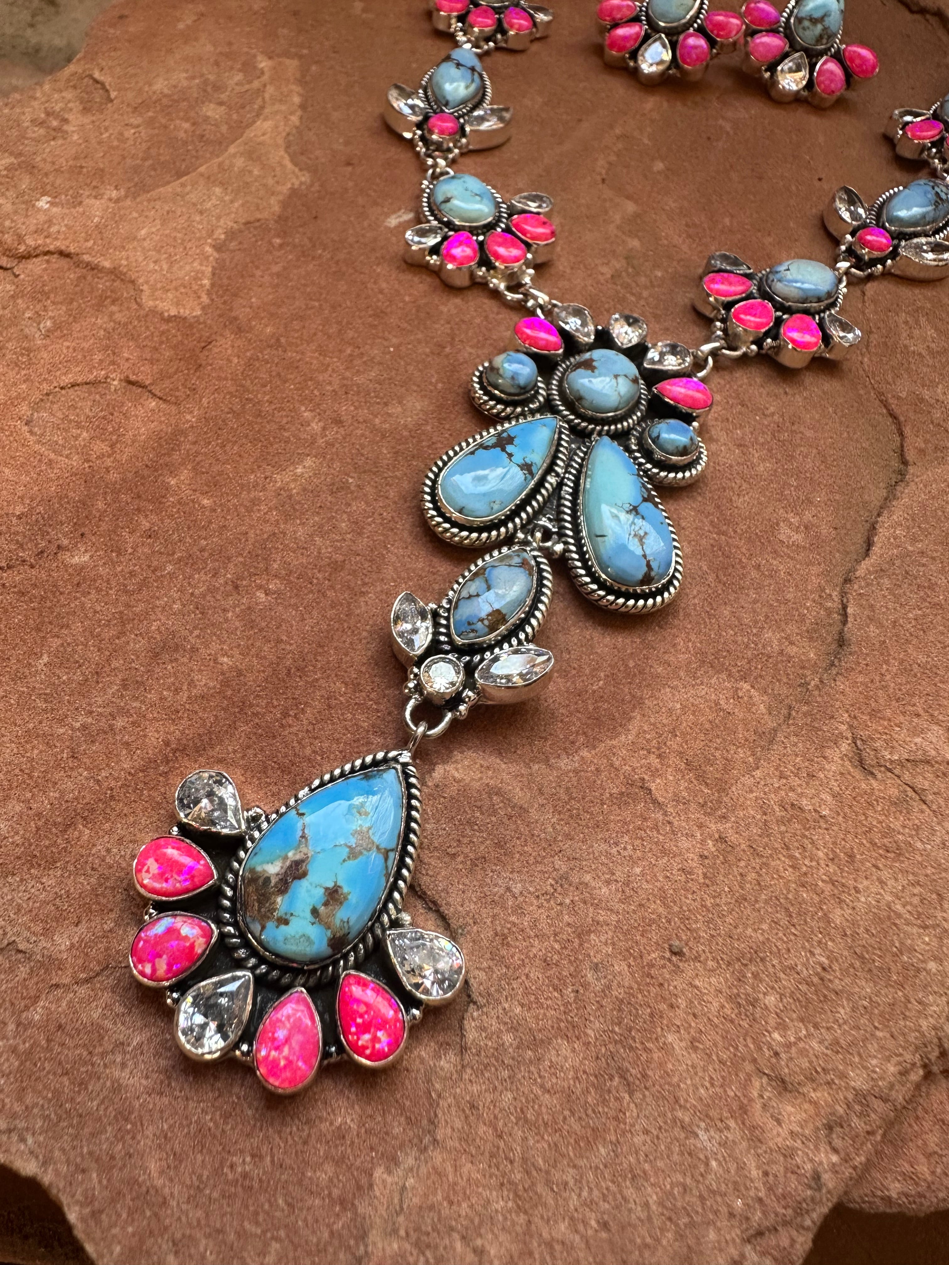 Handmade Sterling Silver, Hot Pink Fire Opal, CZ & Golden Hills Turquoise Set Necklace Signed Nizhoni