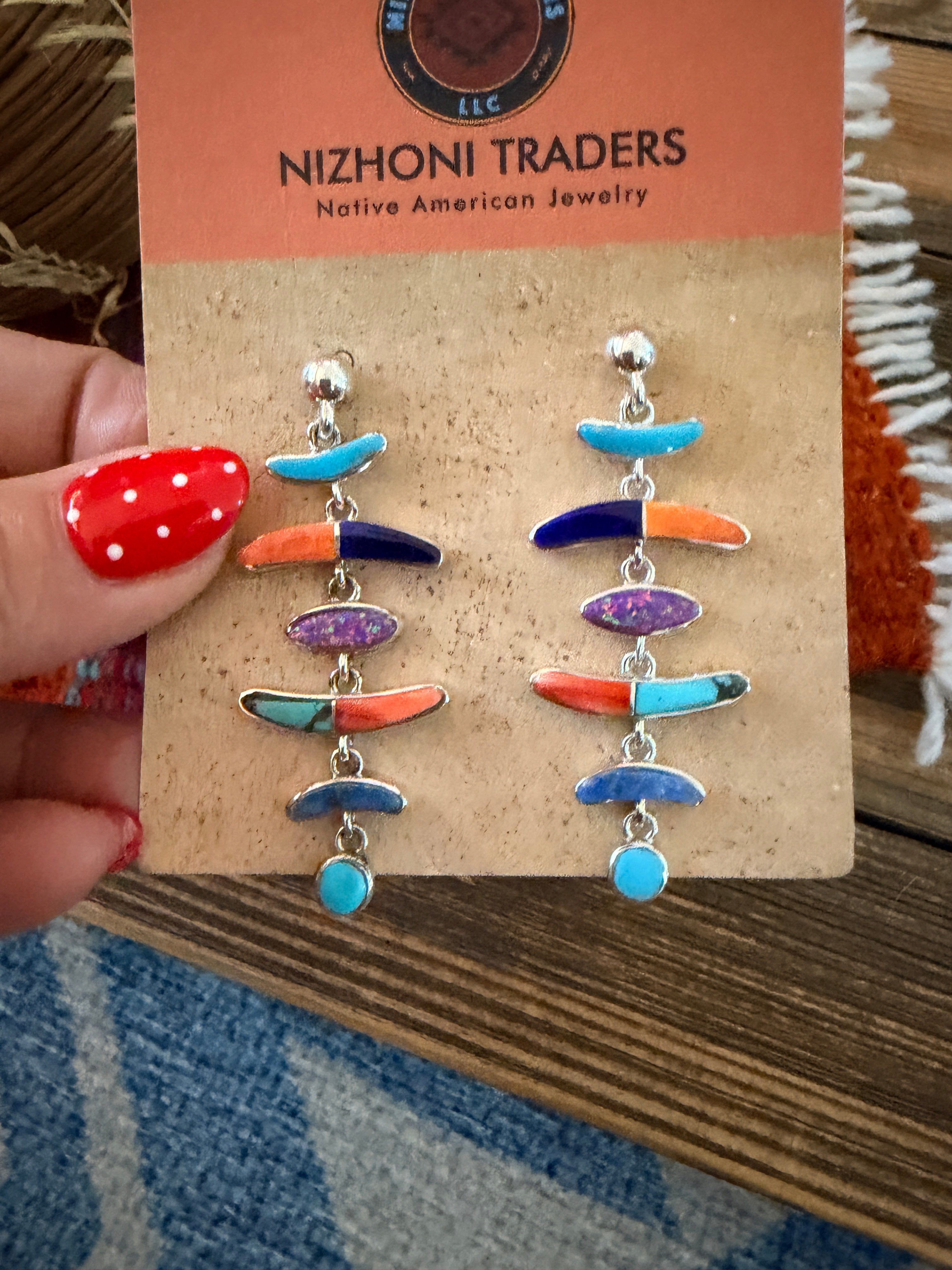 Handcrafted Multi Stone & Sterling Silver Chandelier Dangle Earrings by Valerie Yazzie