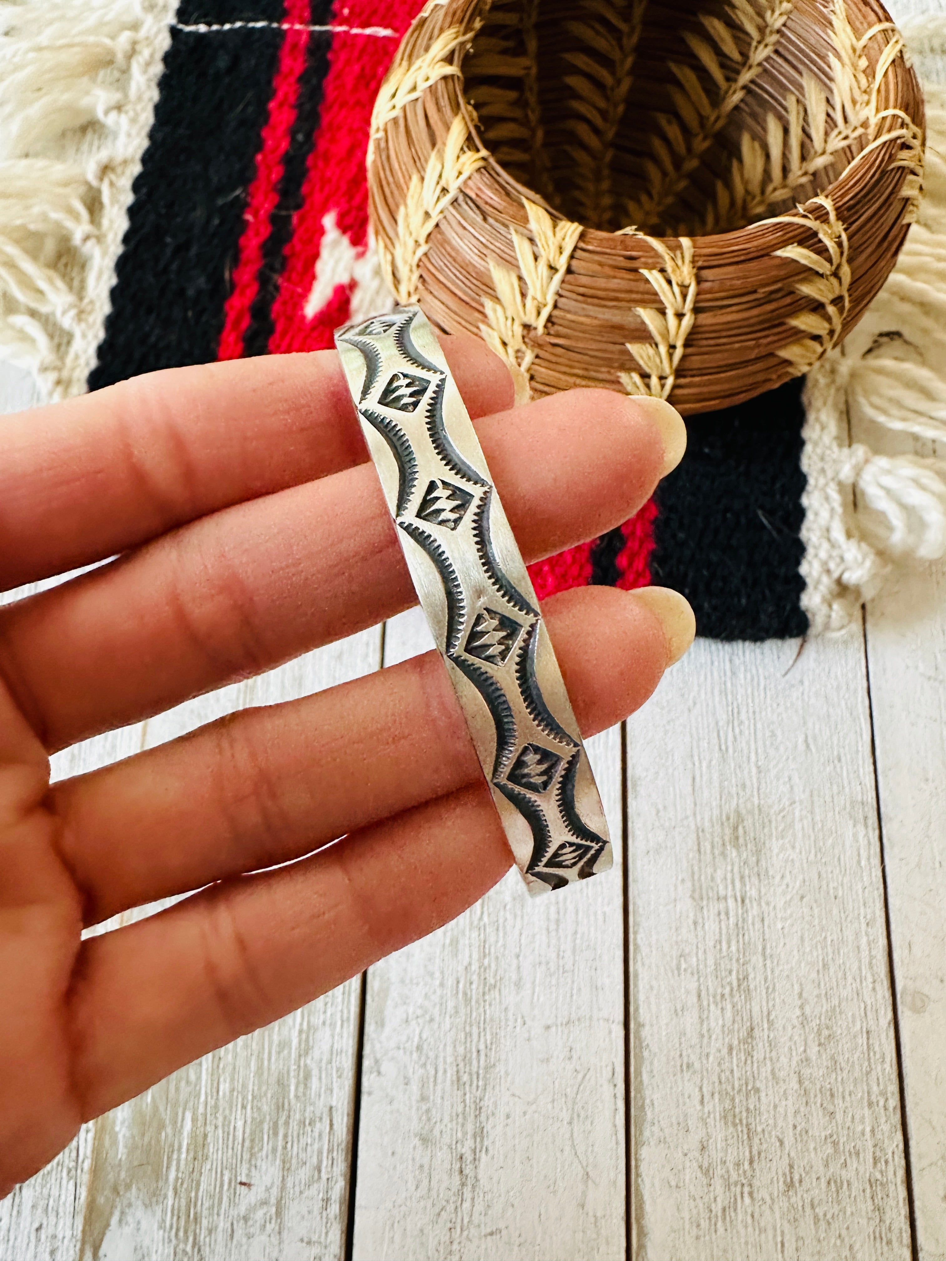 Navajo Hand Stamped Sterling Silver Cuff Bracelet