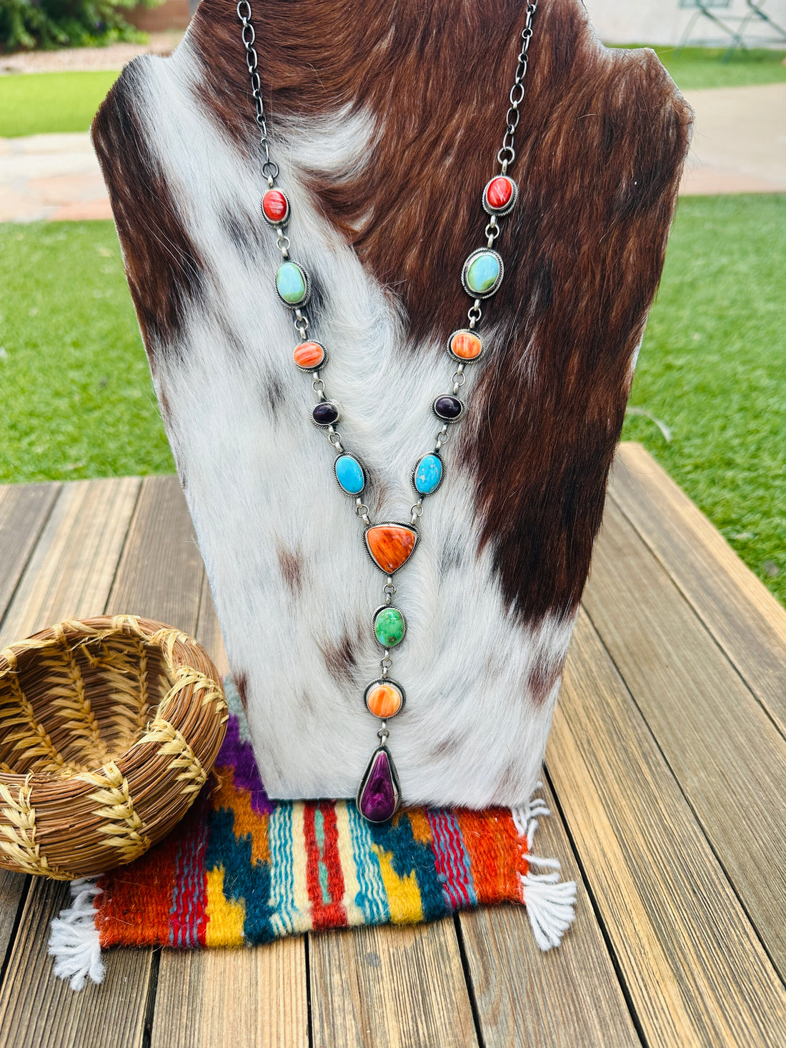 Handcrafted Turquoise, Spiny Oyster & Sterling Silver Electric Rainbow Lariat Necklace