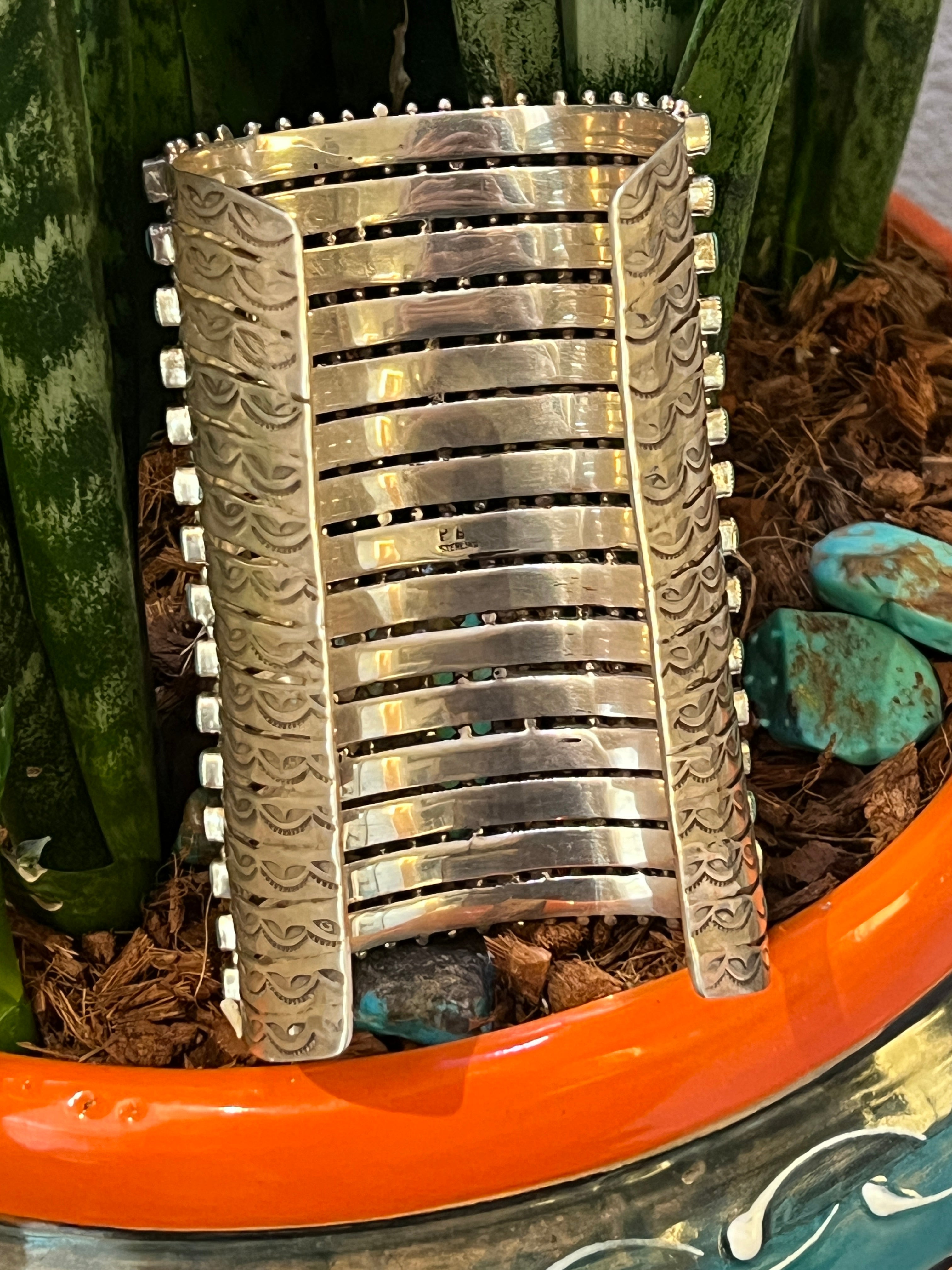 Handcrafted Epic Made 15 Row Sterling Silver and Turquoise Gauntlet Style Cuff Bracelet /