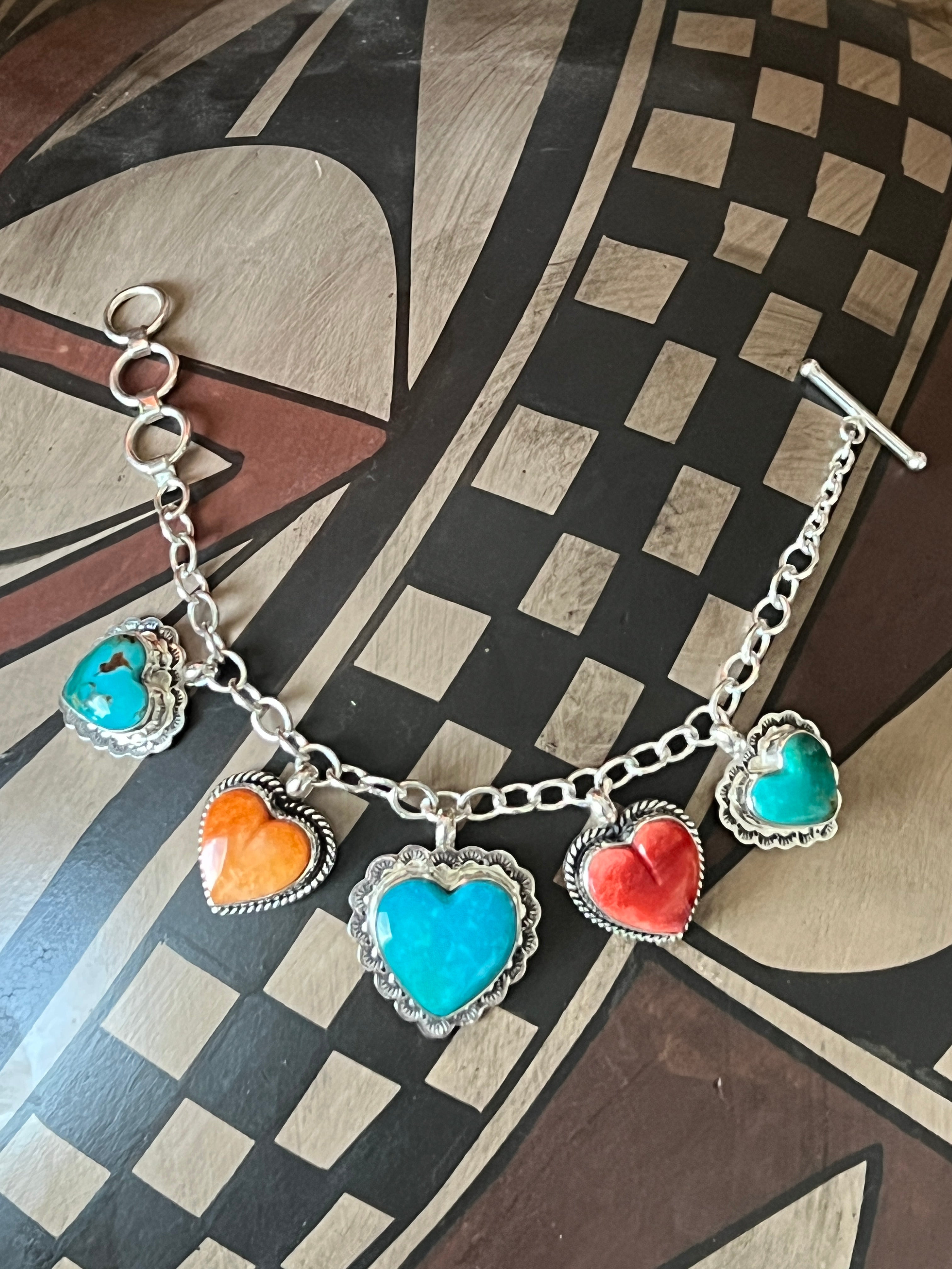 Murphy Platero Handcrafted Sterling Silver, Turquoise and Spiny Oyster Heart Charm Bracelets