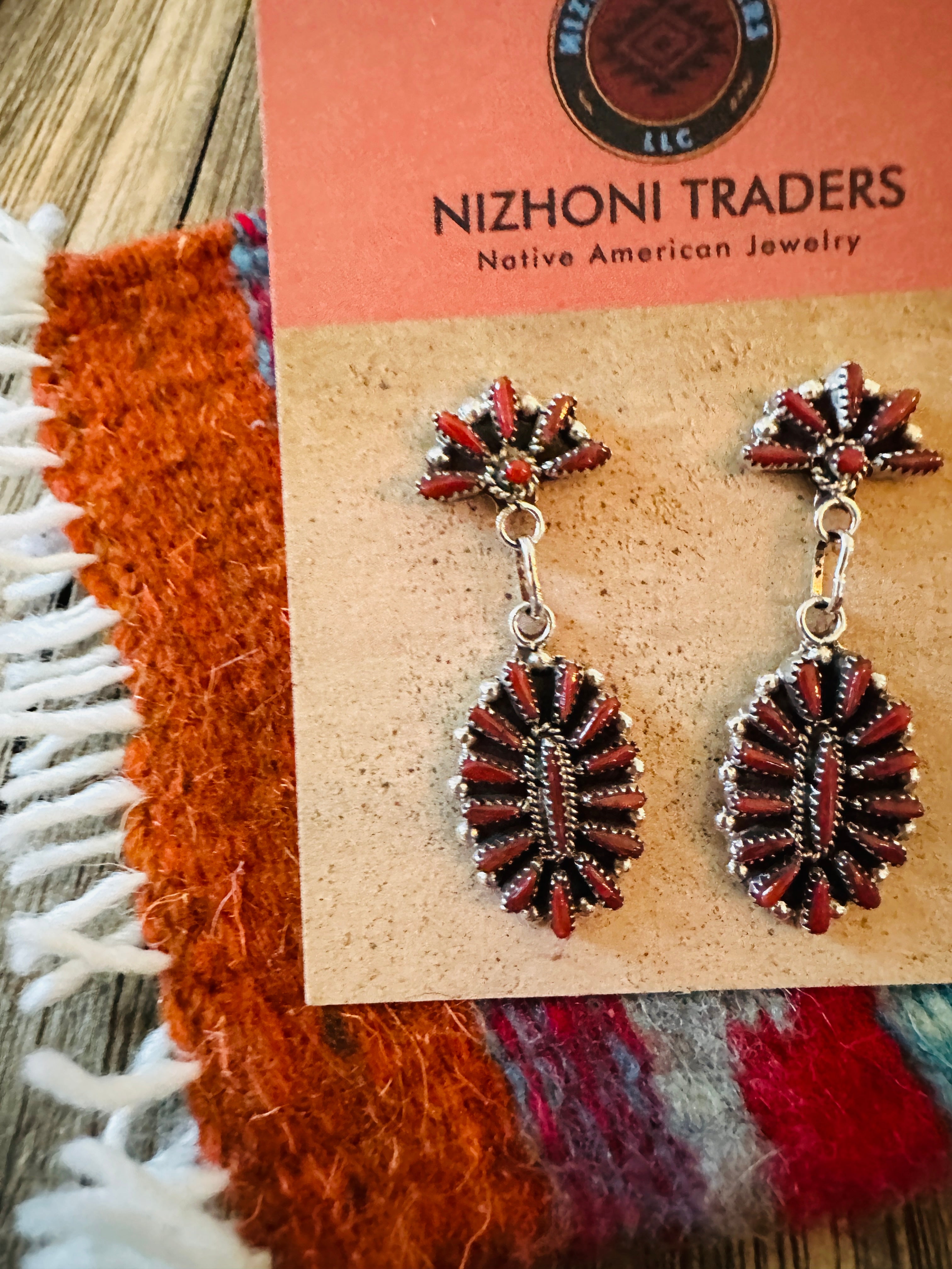 Handcrafted Coral & Sterling Silver Cluster Dangle Earrings