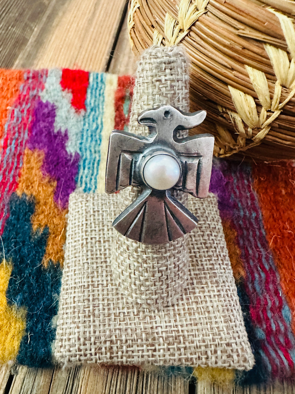 Handcrafted Pearl and Sterling Silver Thunderbird Ring size 6 by Chimney Butte
