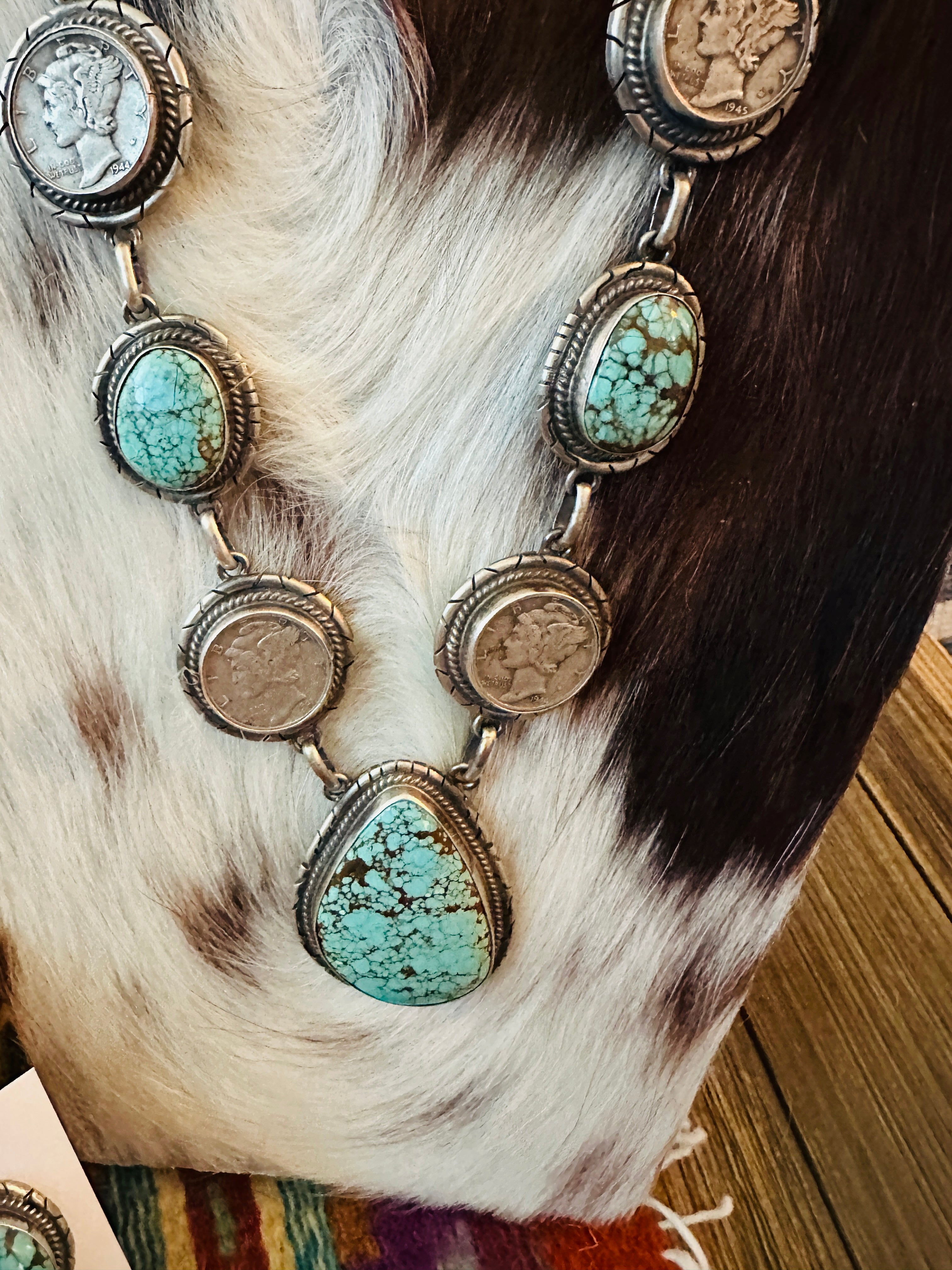 Handcrafted Turquoise & Sterling Silver Liberty Dime Beaded Necklace and Earrings Set