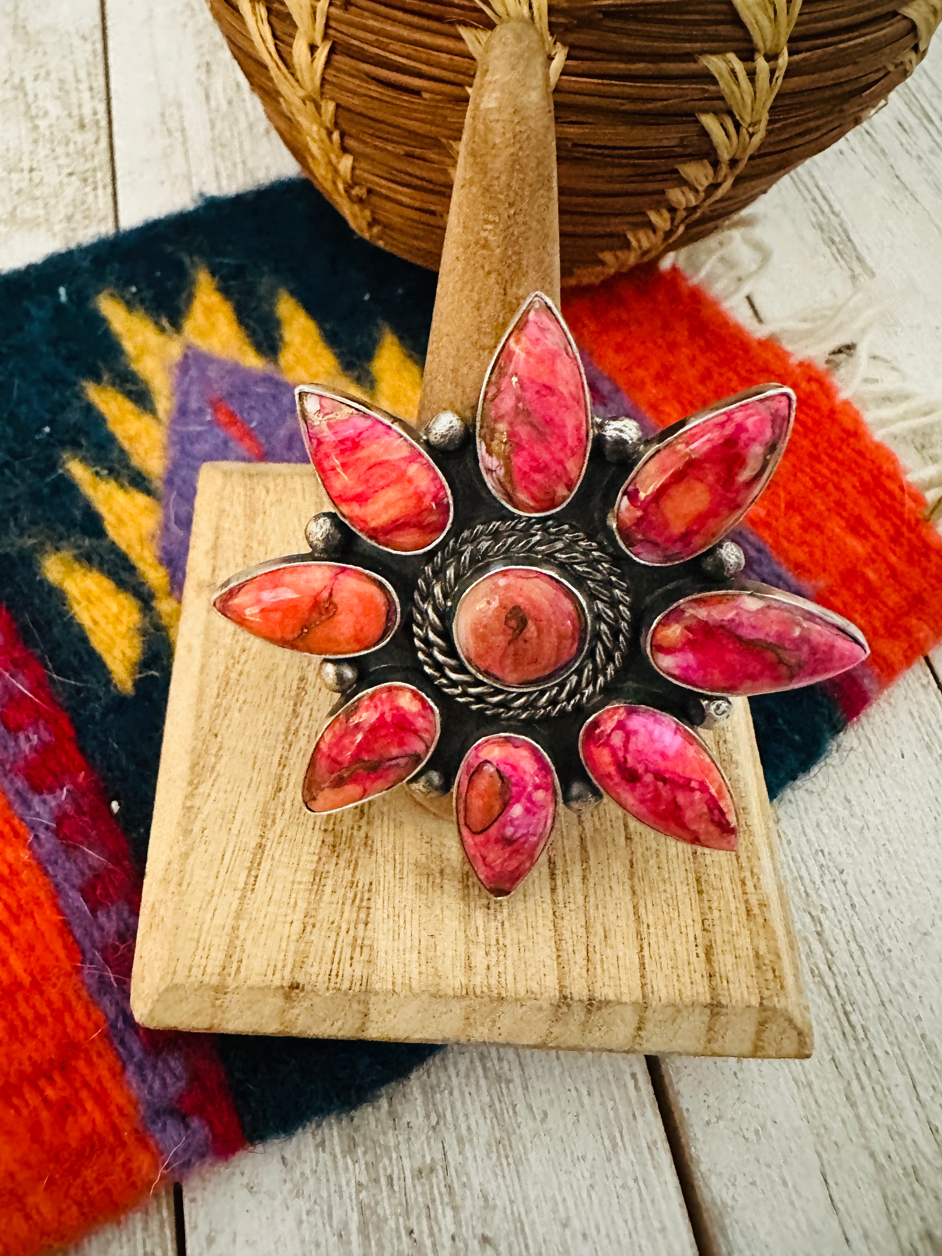 Navajo Pink Mojave  & Sterling Silver Cluster Adjustable Ring