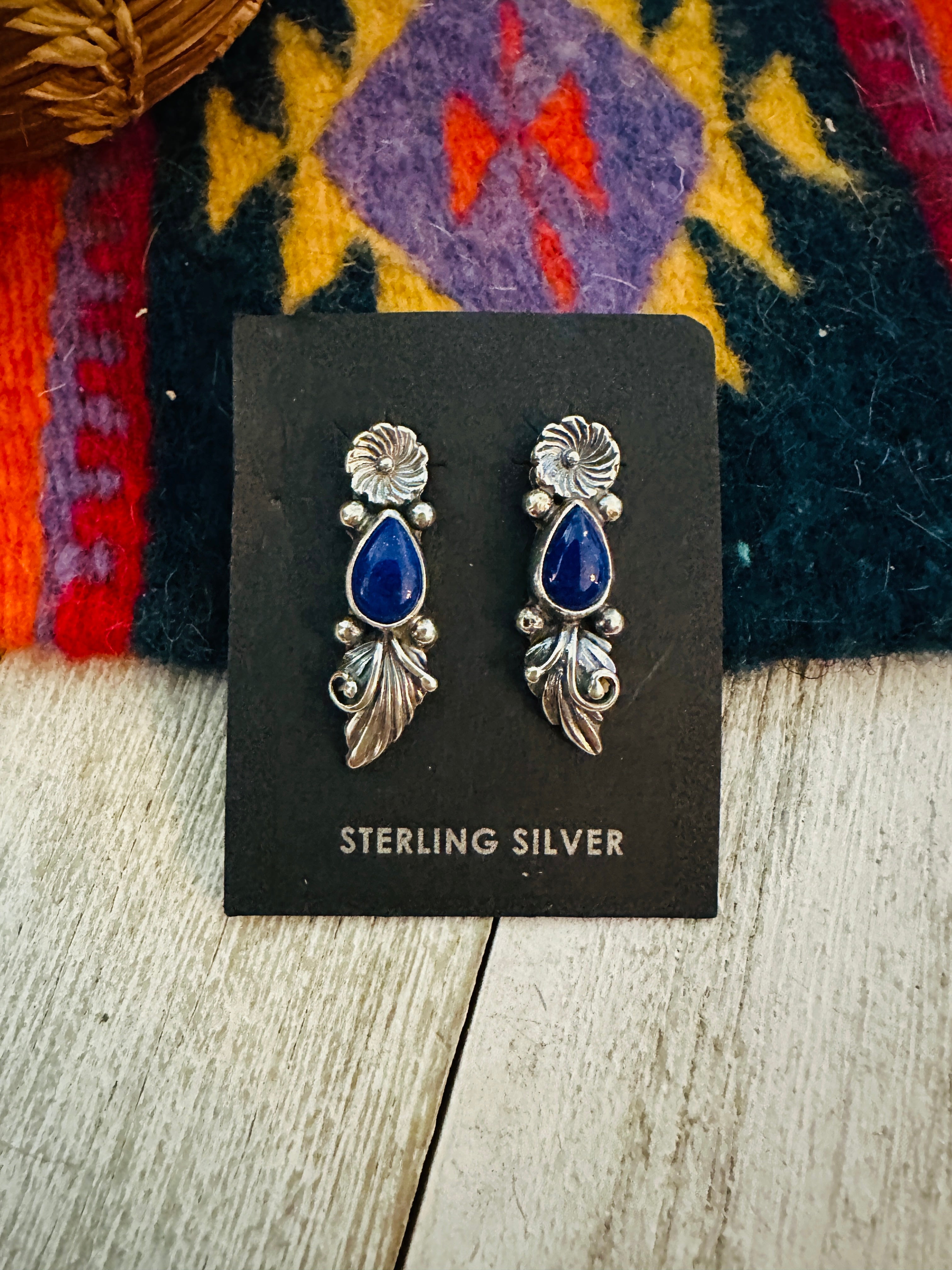 Navajo Lapis and Sterling Silver Flower Dangle Earrings