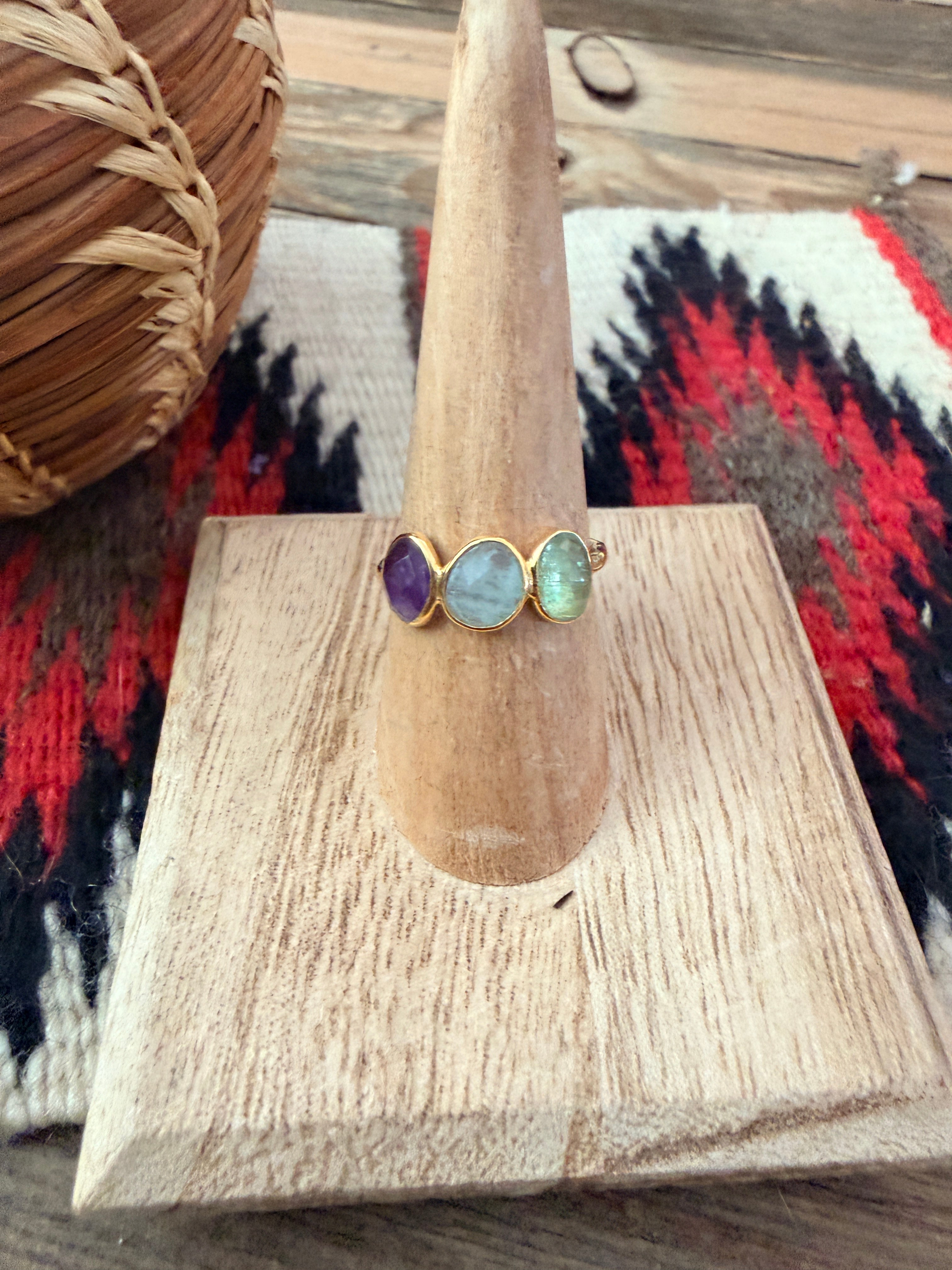 Handmade 18K Gold Vermeil Sterling Silver & Multi Stone Ring Size 7