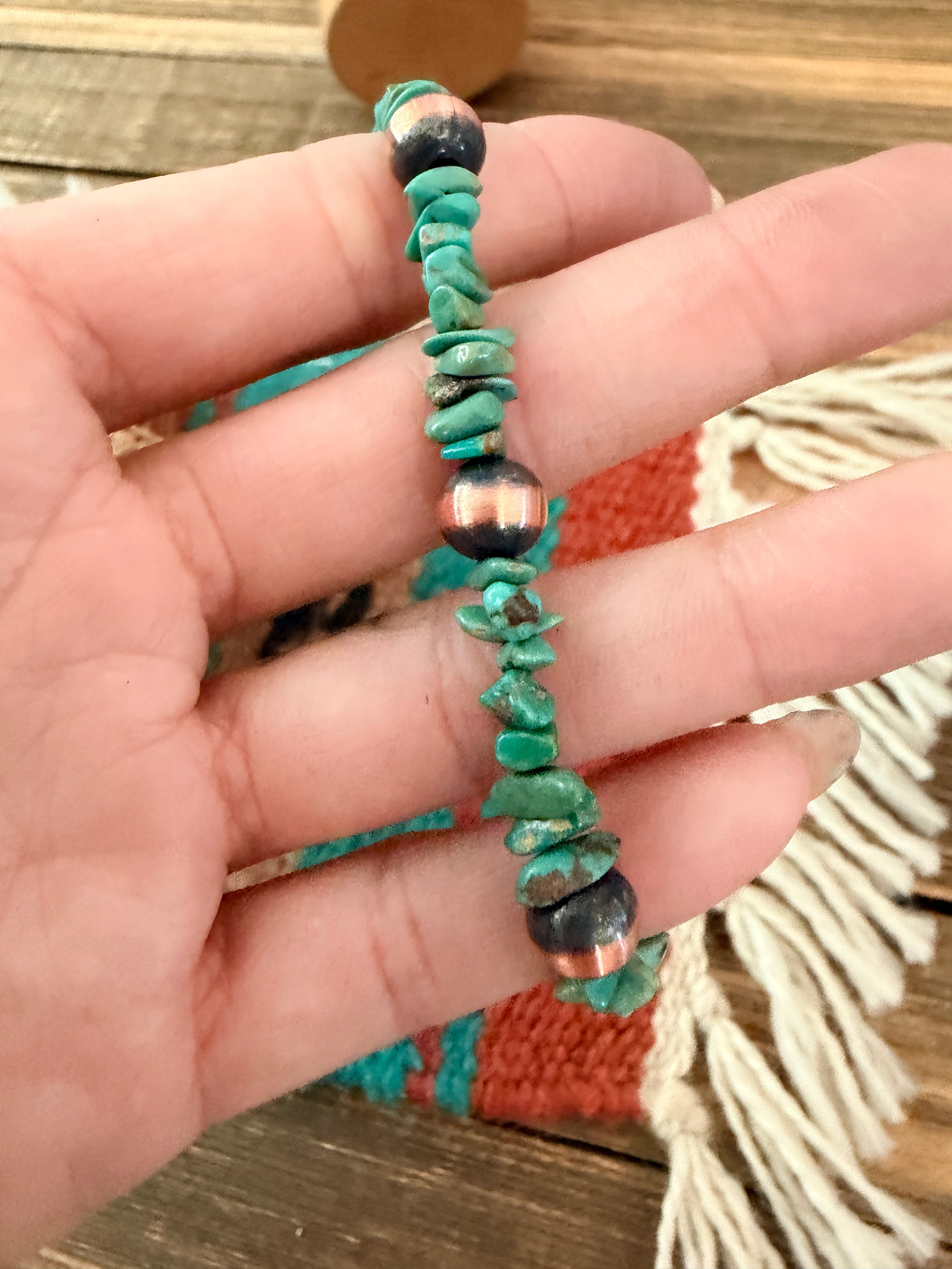 Handcrafted Turquoise & Copper Beaded Bracelet 7.5”