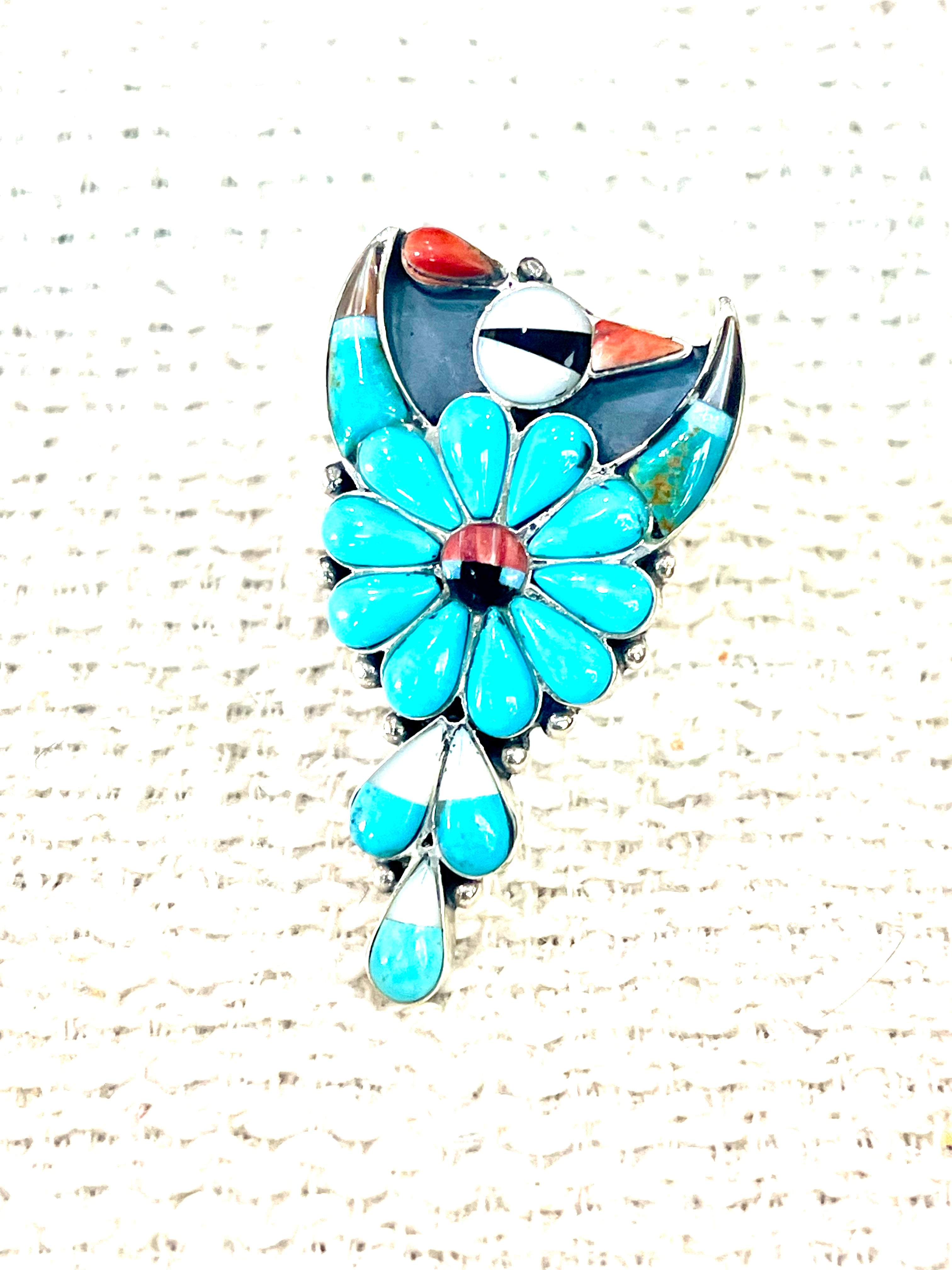 Beautiful Handmade Sterling Silver & Multi Stone Thunderbird Adjustable Ring