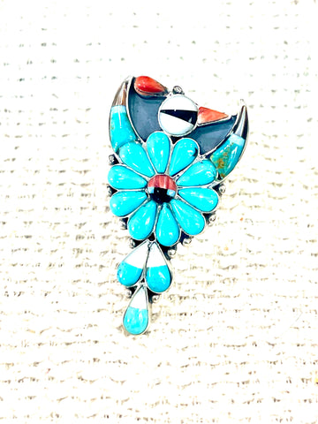 Beautiful Handmade Sterling Silver & Multi Stone Thunderbird Adjustable Ring