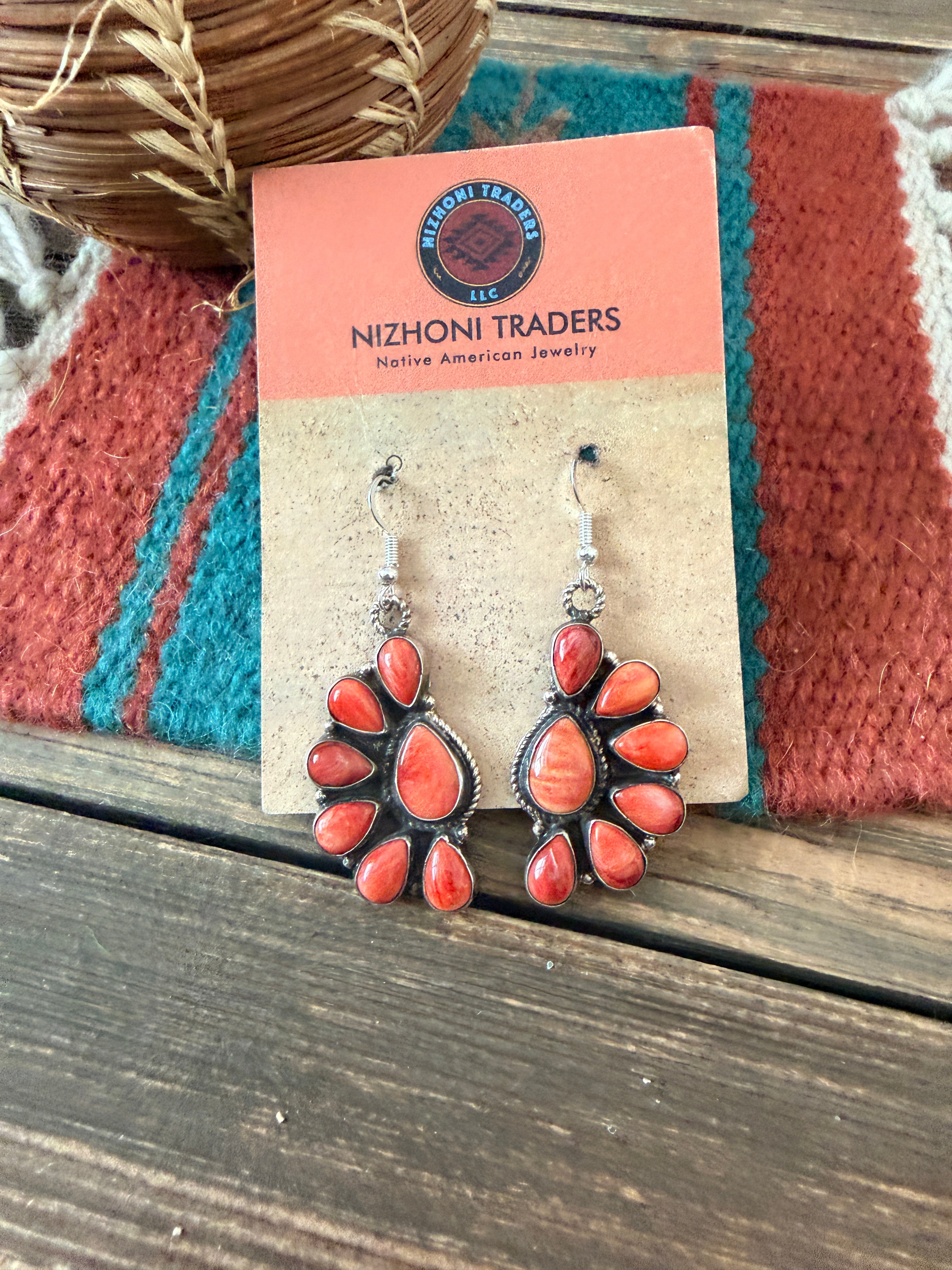Handcrafted Orange Spiny & Sterling Silver Cluster Dangle Earrings