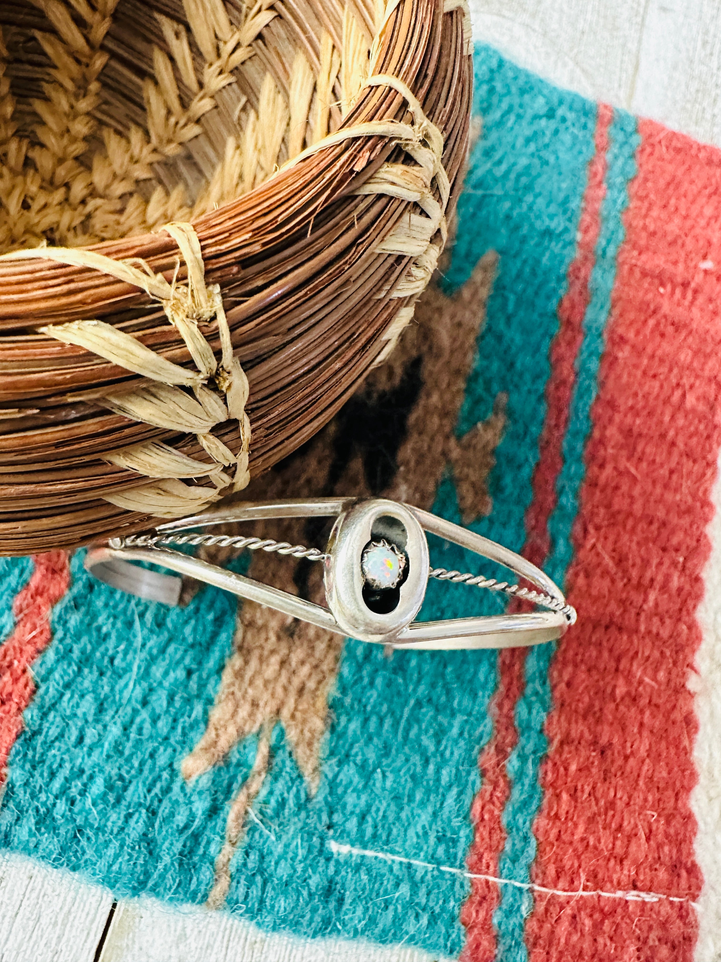 Navajo White Fire Opal & Sterling Silver Cuff Bracelet