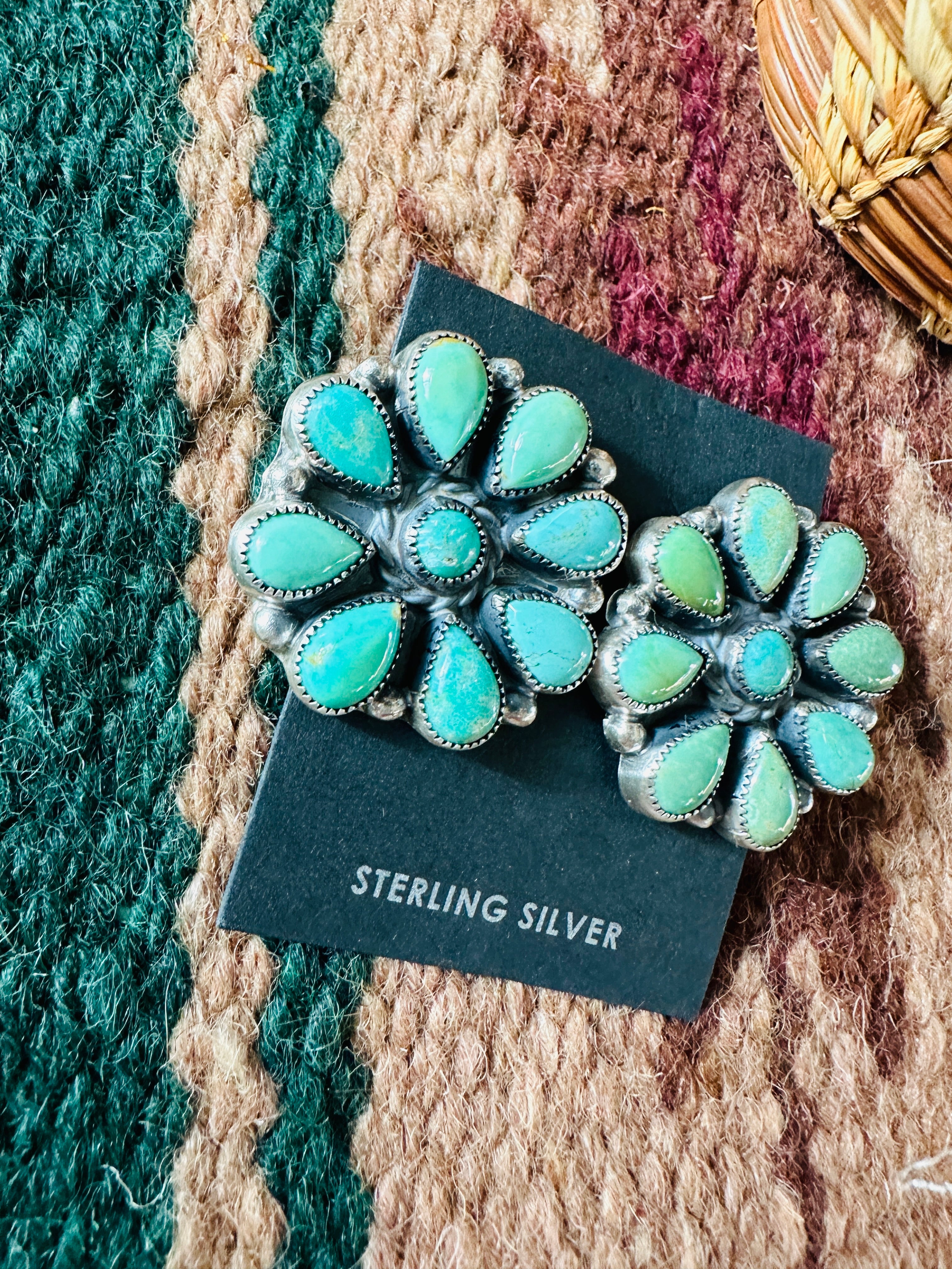 Navajo Sterling Silver & Green Turquoise Cluster Stud Earrings 1 1/8”