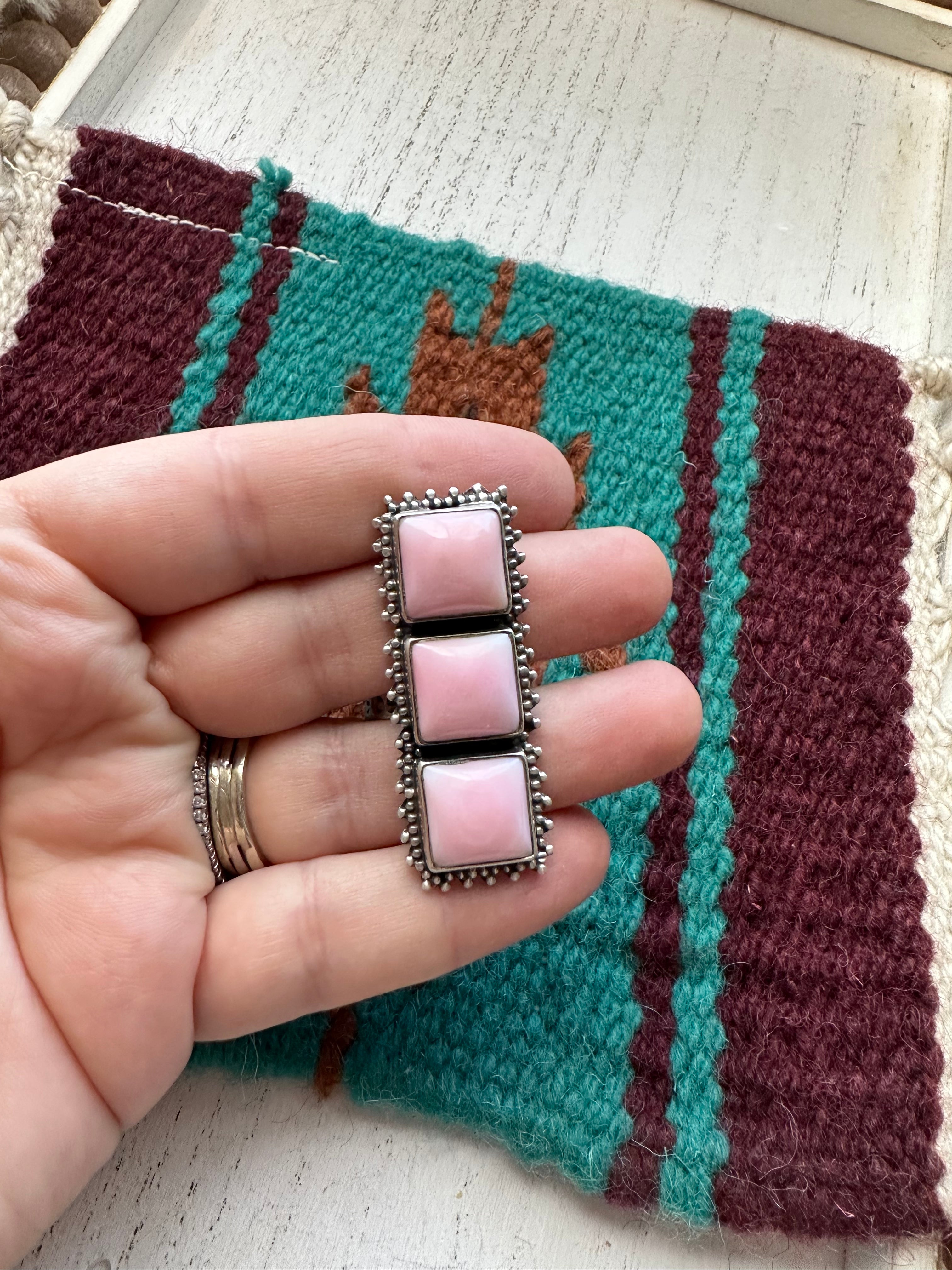 Navajo Sterling Silver & Queen Pink Conch Adjustable 3 Stone Ring