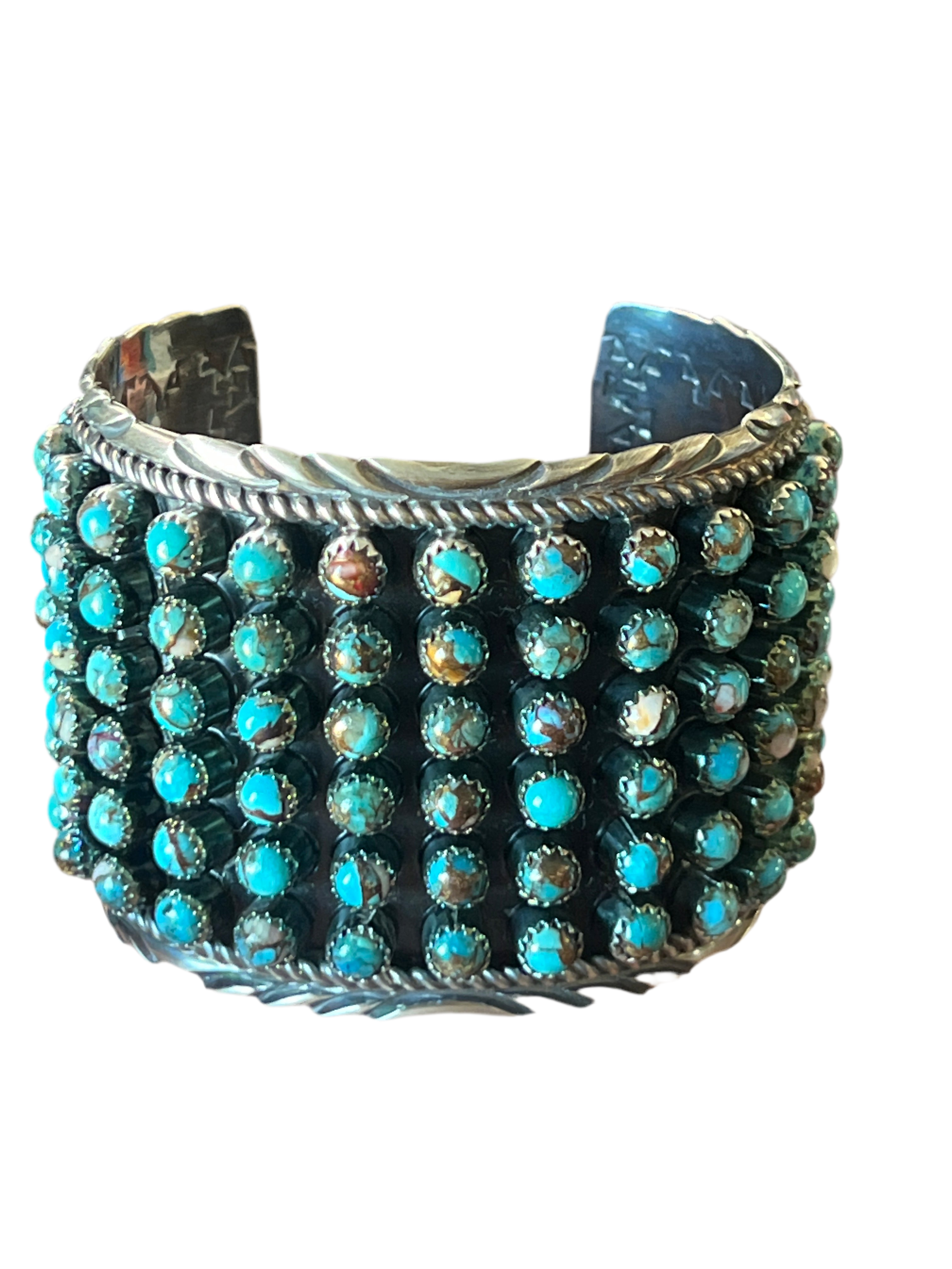 Handcrafted Sterling Silver and Blue Mohave Snake Eye Style Six Row Cuff Bracelet, Signed BJ