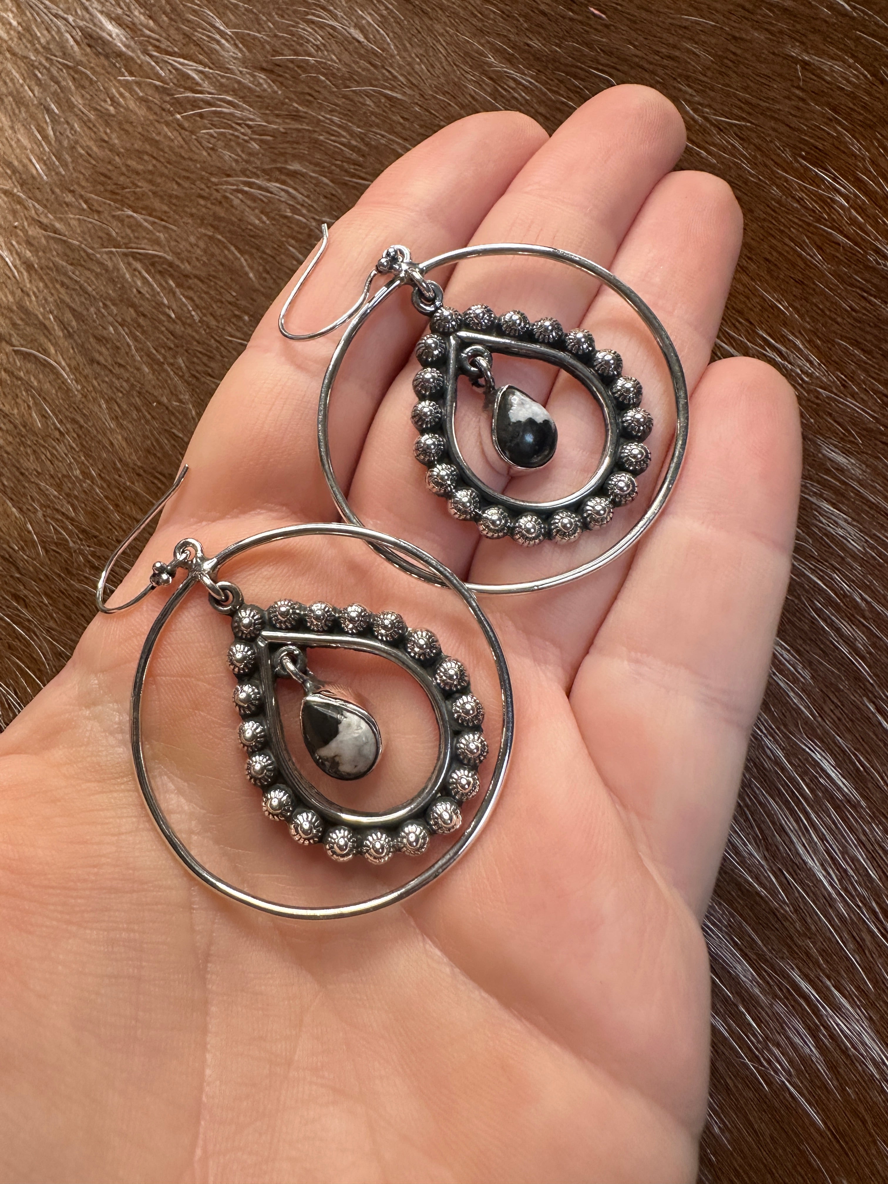 Handmade Sterling Silver Ball & White Buffalo Hoop Earrings