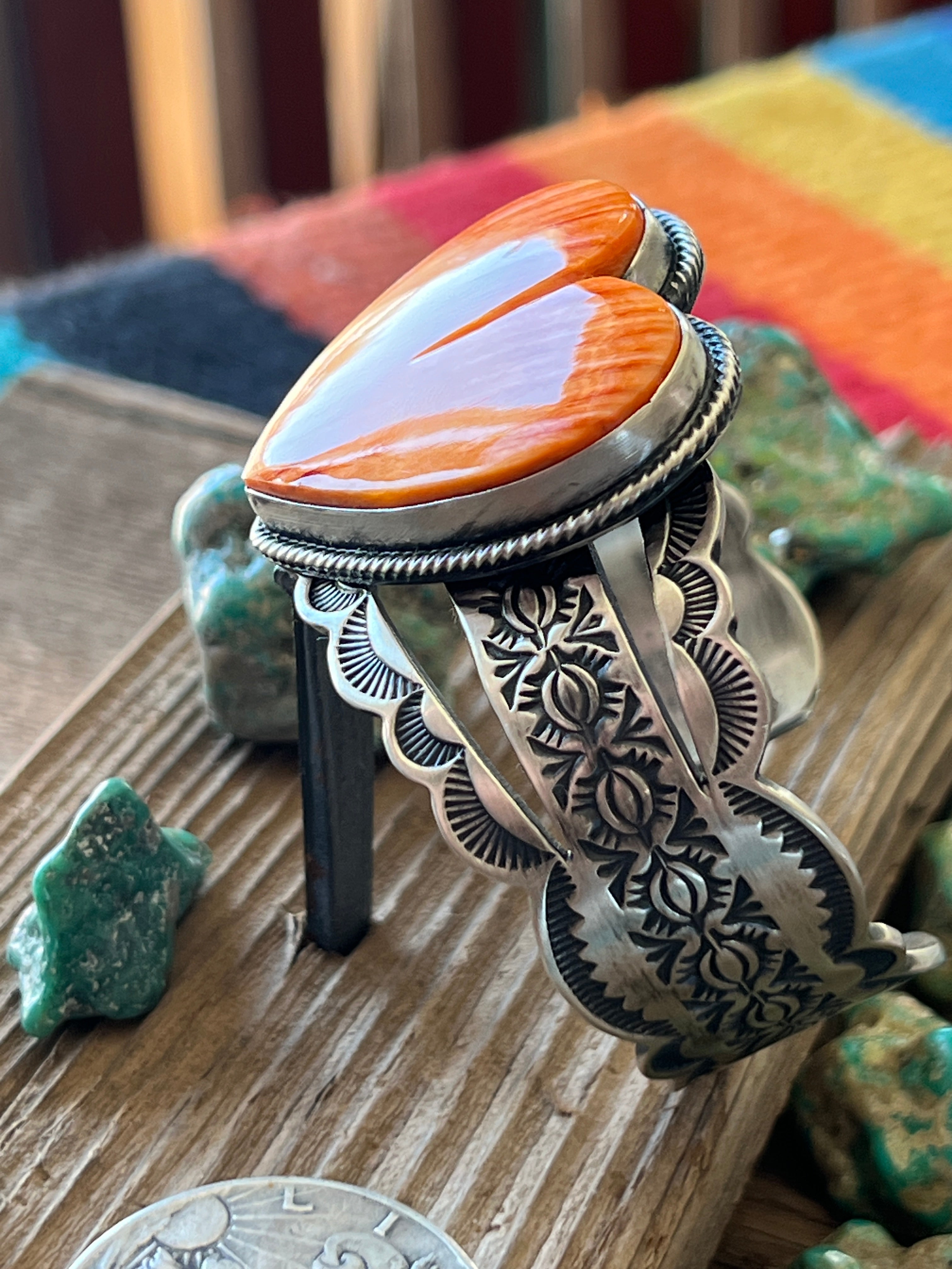 Handcrafted Sterling Silver and Orange Spiny Oyster Shell Heart Cuff Bracelet by Murphy Platero