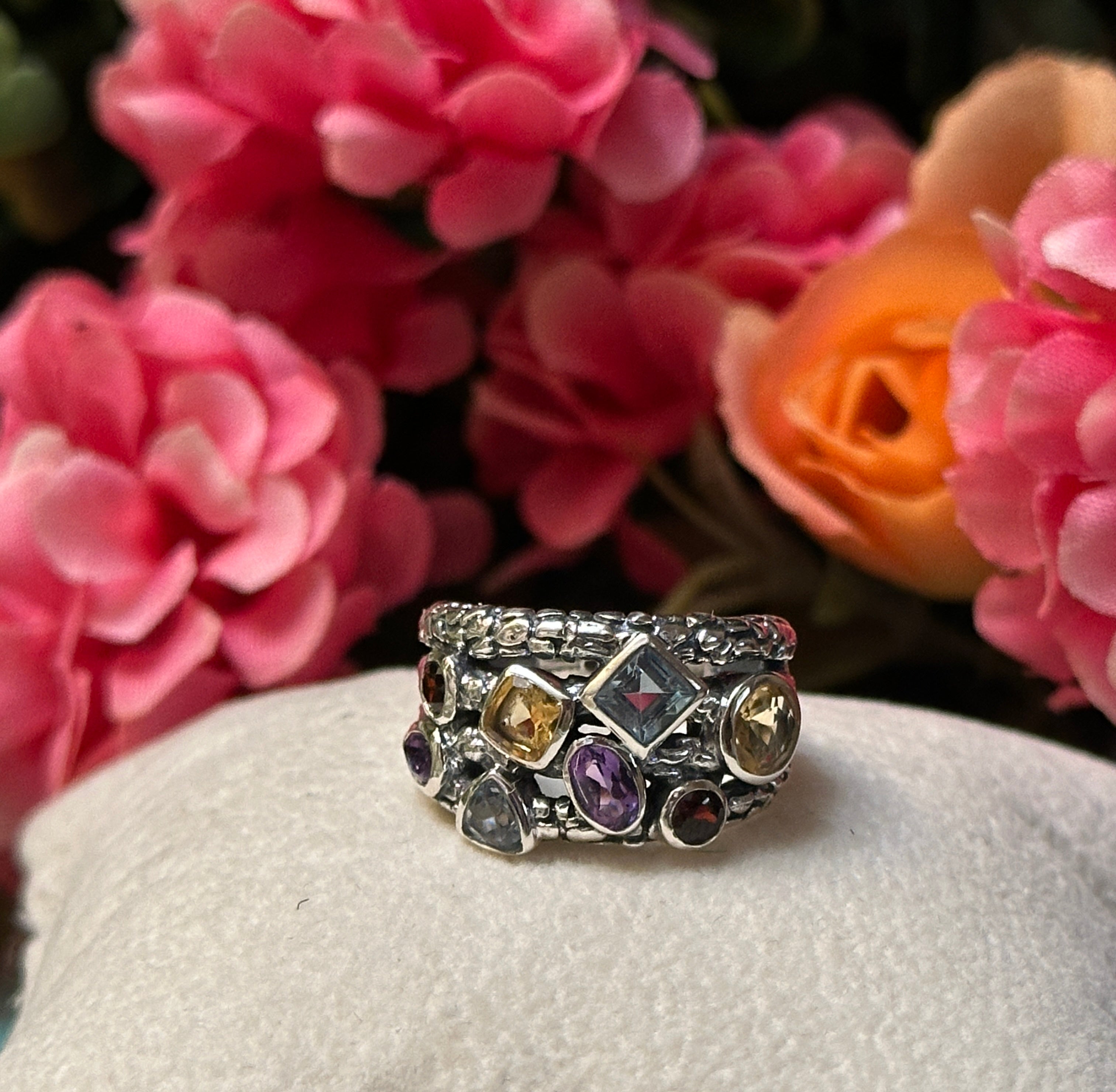 Sterling Silver Amethyst, Blue Topaz, Citrine, & Garnet Ring Size 6.5