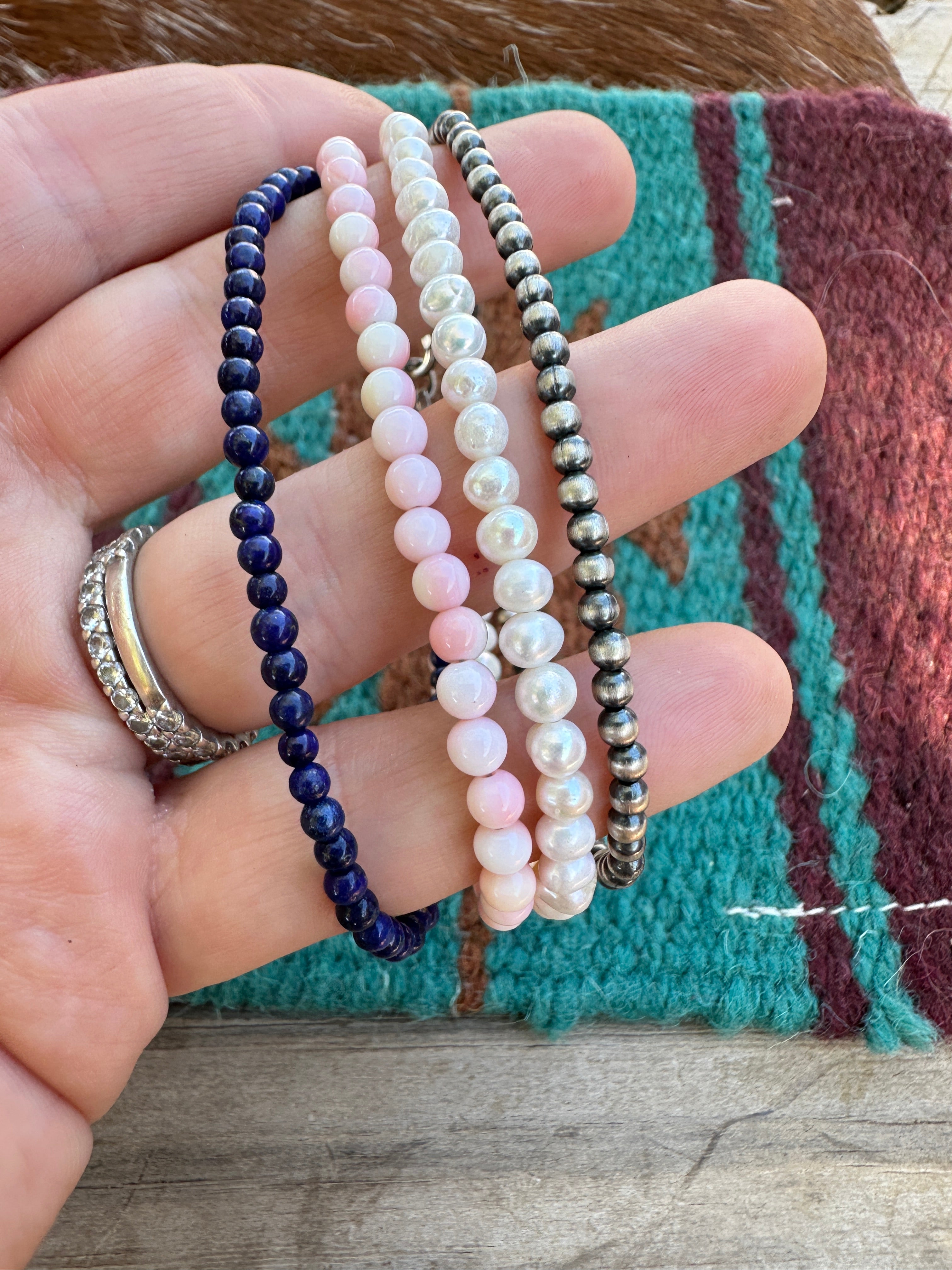 Handmade Sterling Silver, Pink Conch, Lapis & Mother of Pearl Beaded Bracelet