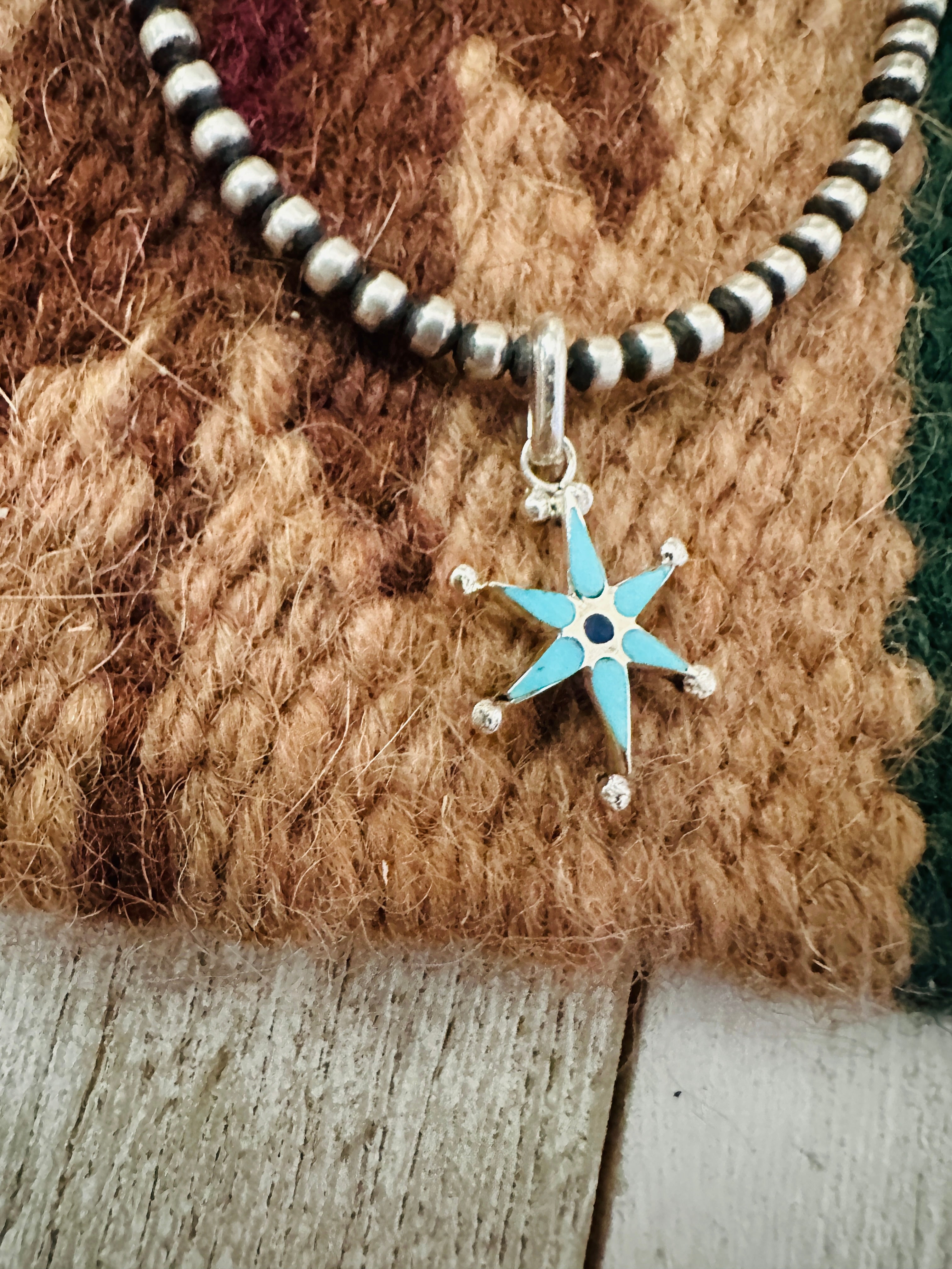 Zuni Sterling Silver, Turquoise & Lapis Mini Star Pendant Signed