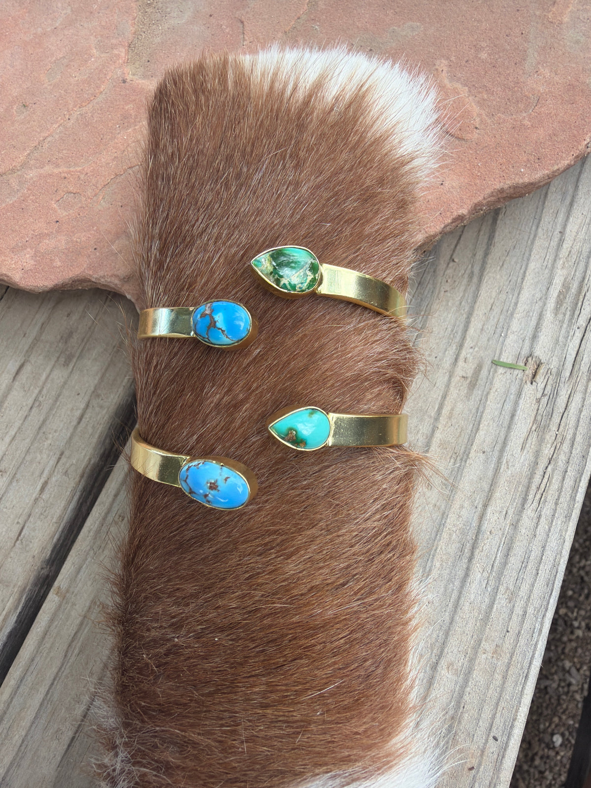“The Golden Collection” Painted Desert Handmade Natural Sonoran Mountain Turquoise & Golden Hills Gold Plated Adjustable Bracelet Cuff STYLE 3