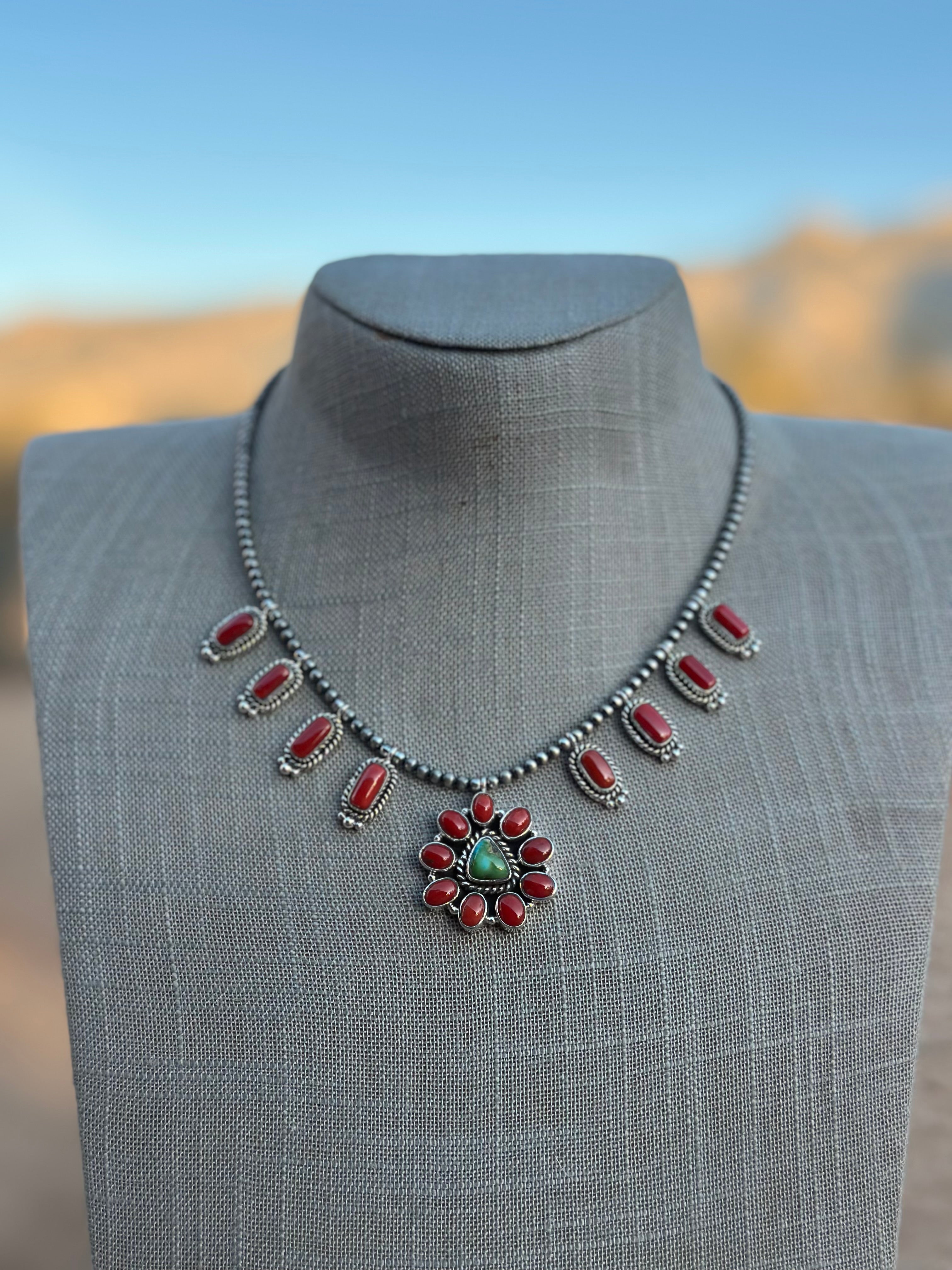 Beautiful Handmade Sterling Silver, Sonoran Turquoise & Coral Necklace