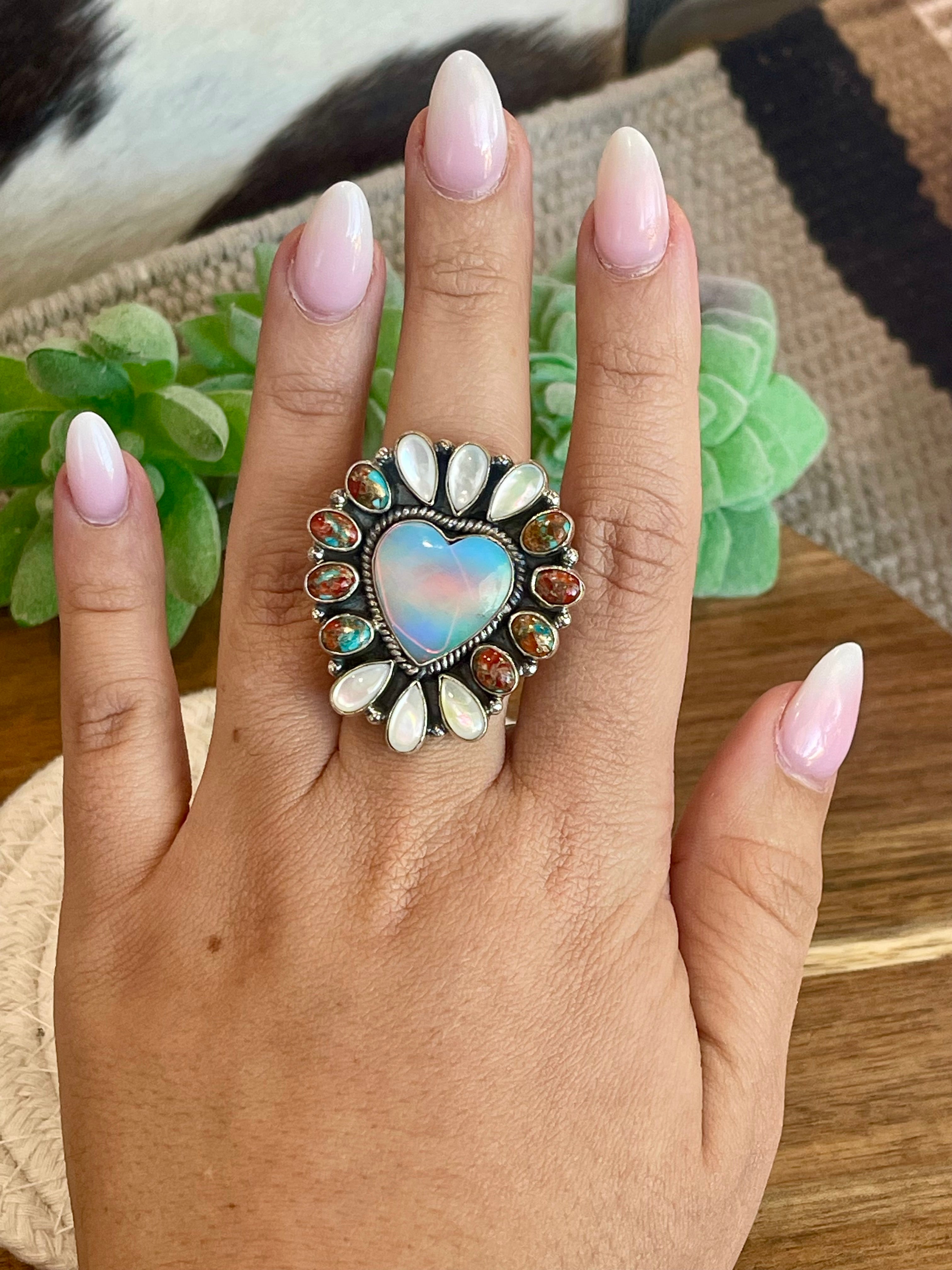 Handmade Opal, Mother Of Pearl, Mojave And Sterling Silver Adjustable Ring Signed Nizhoni