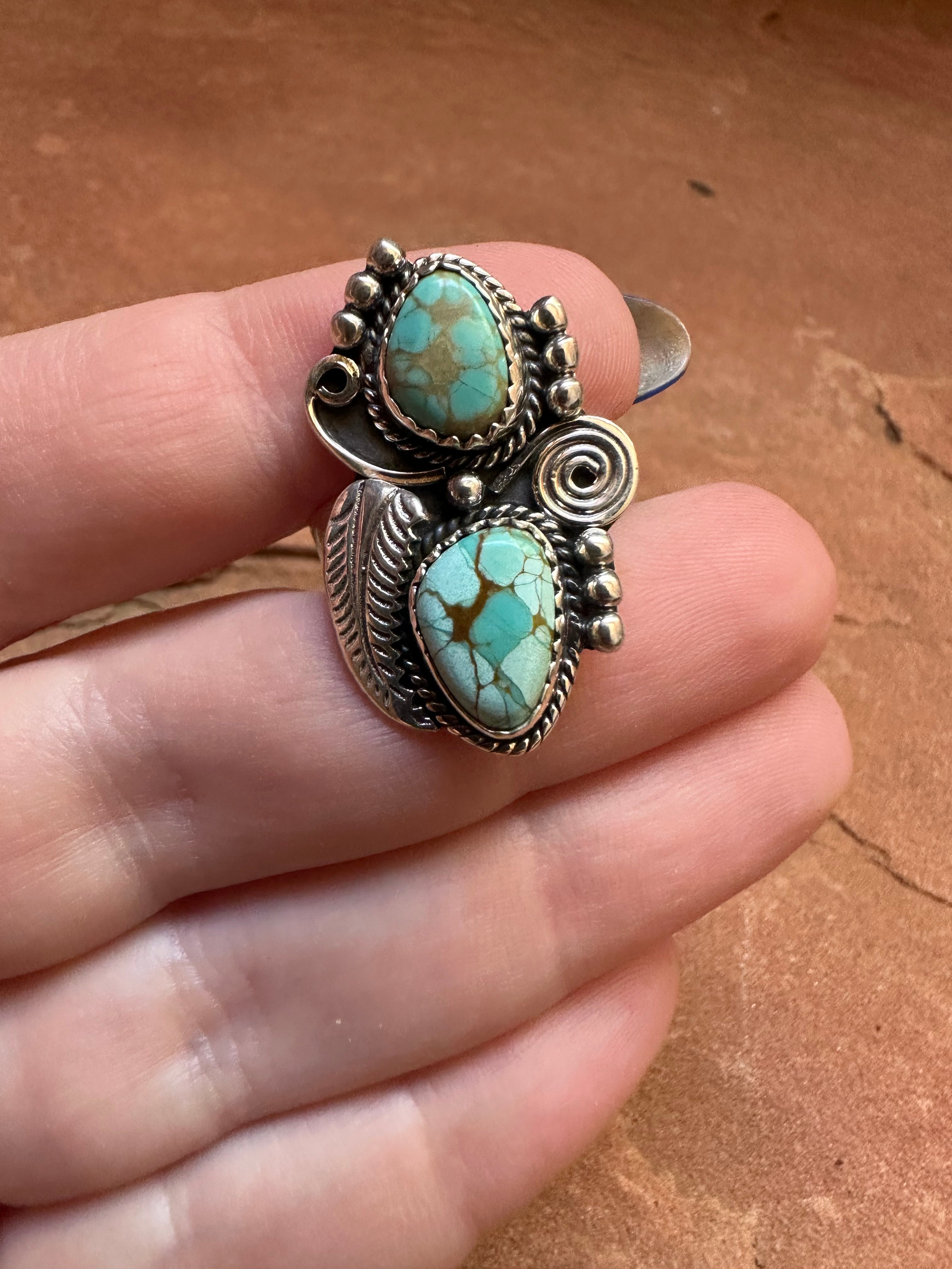 Handmade Turquoise & Sterling Silver Adjustable Feather Ring Signed Nizhoni