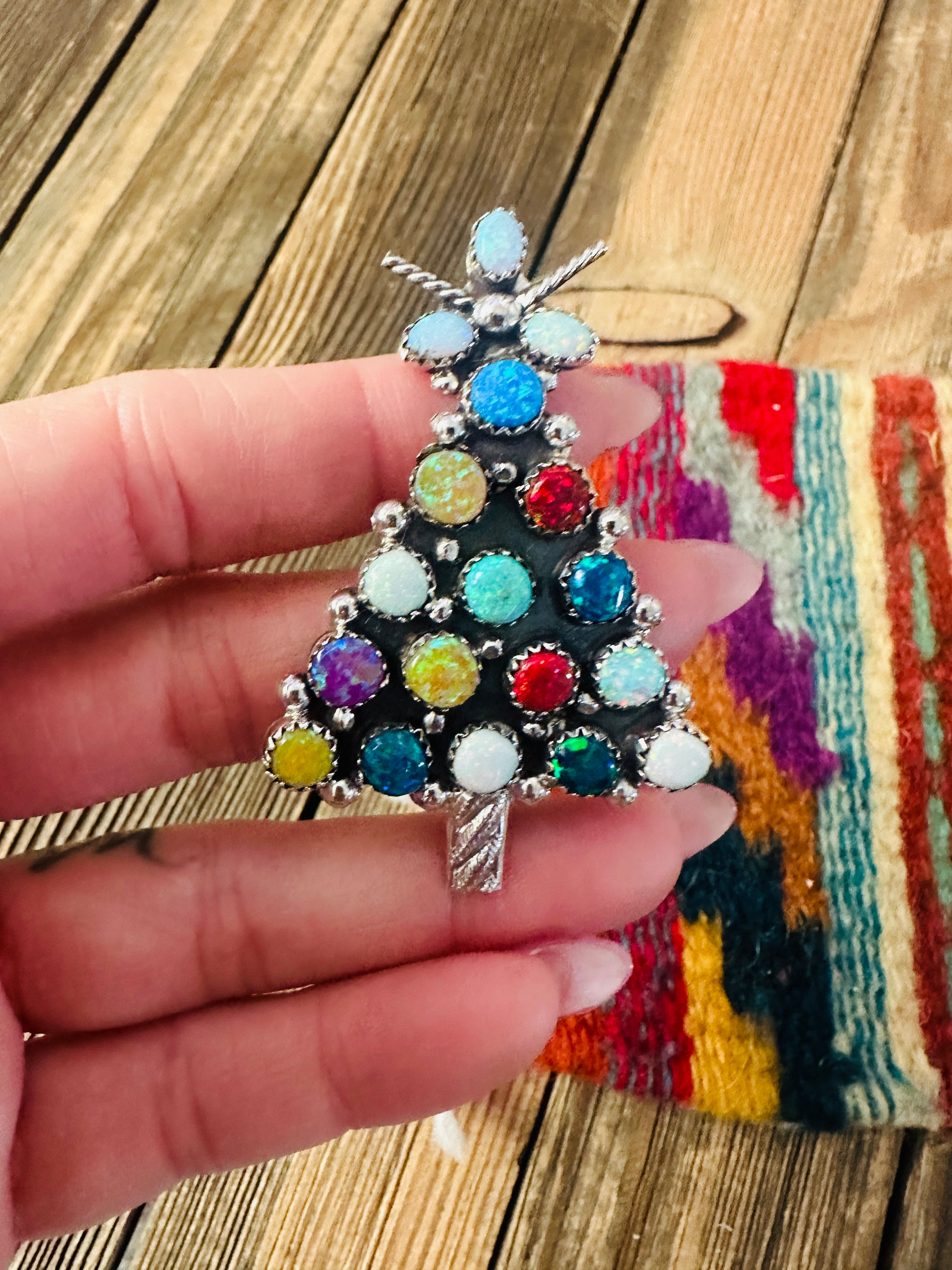 Handcrafted Sterling Silver & Multicolor Opal Christmas Tree Brooch