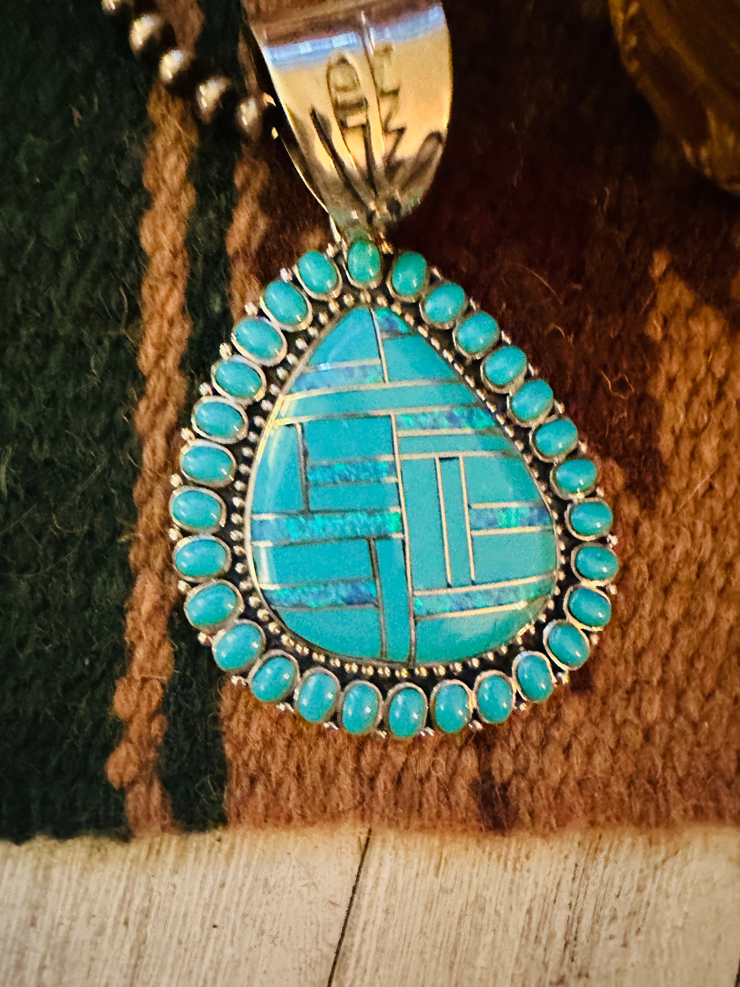 Old Pawn Vintage Navajo Turquoise, Opal & Sterling Silver Inlay Pendant