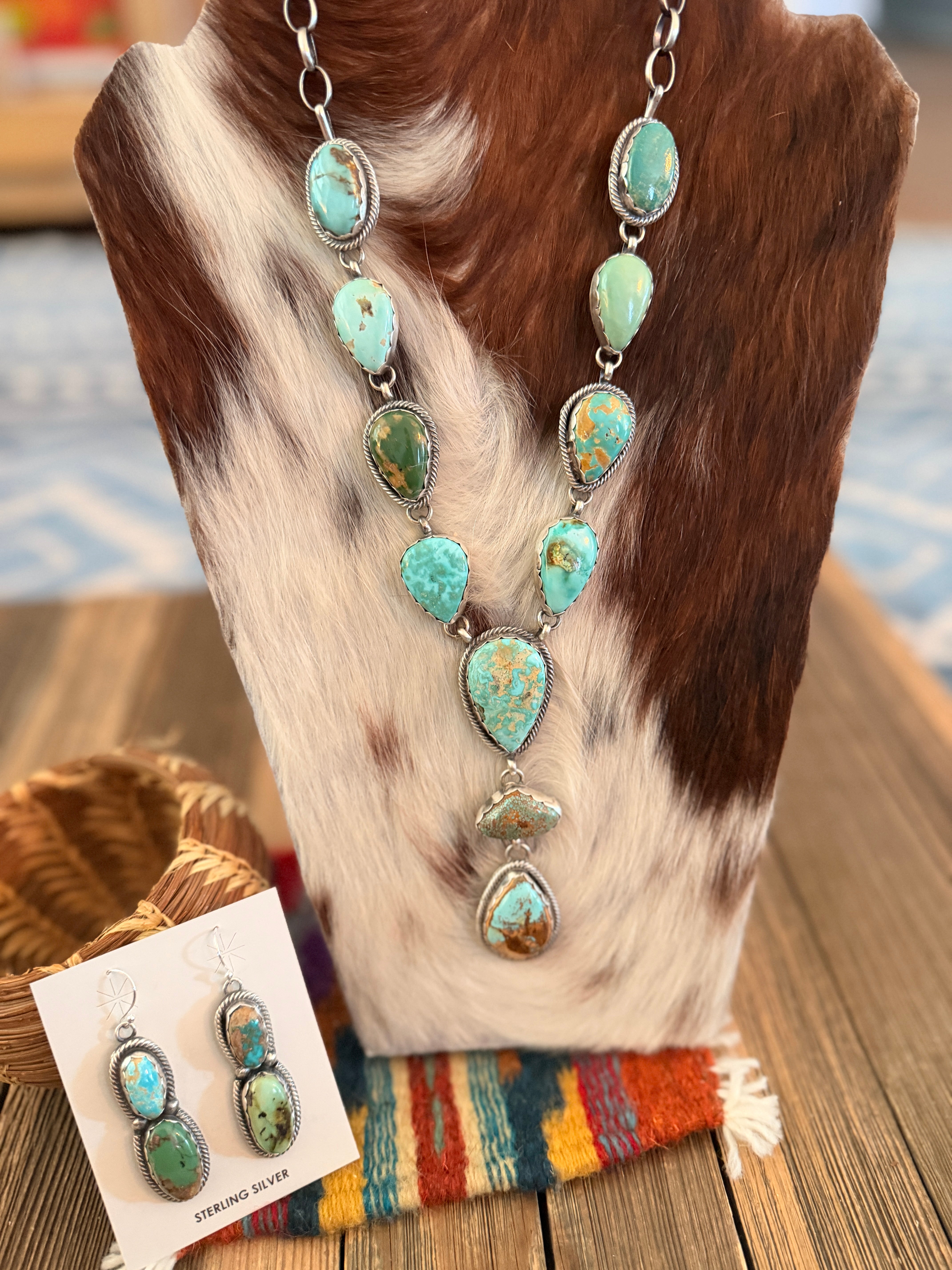Handcrafted Multi Turquoise & Sterling Silver Necklace and Earring Set by Bobby Johnson