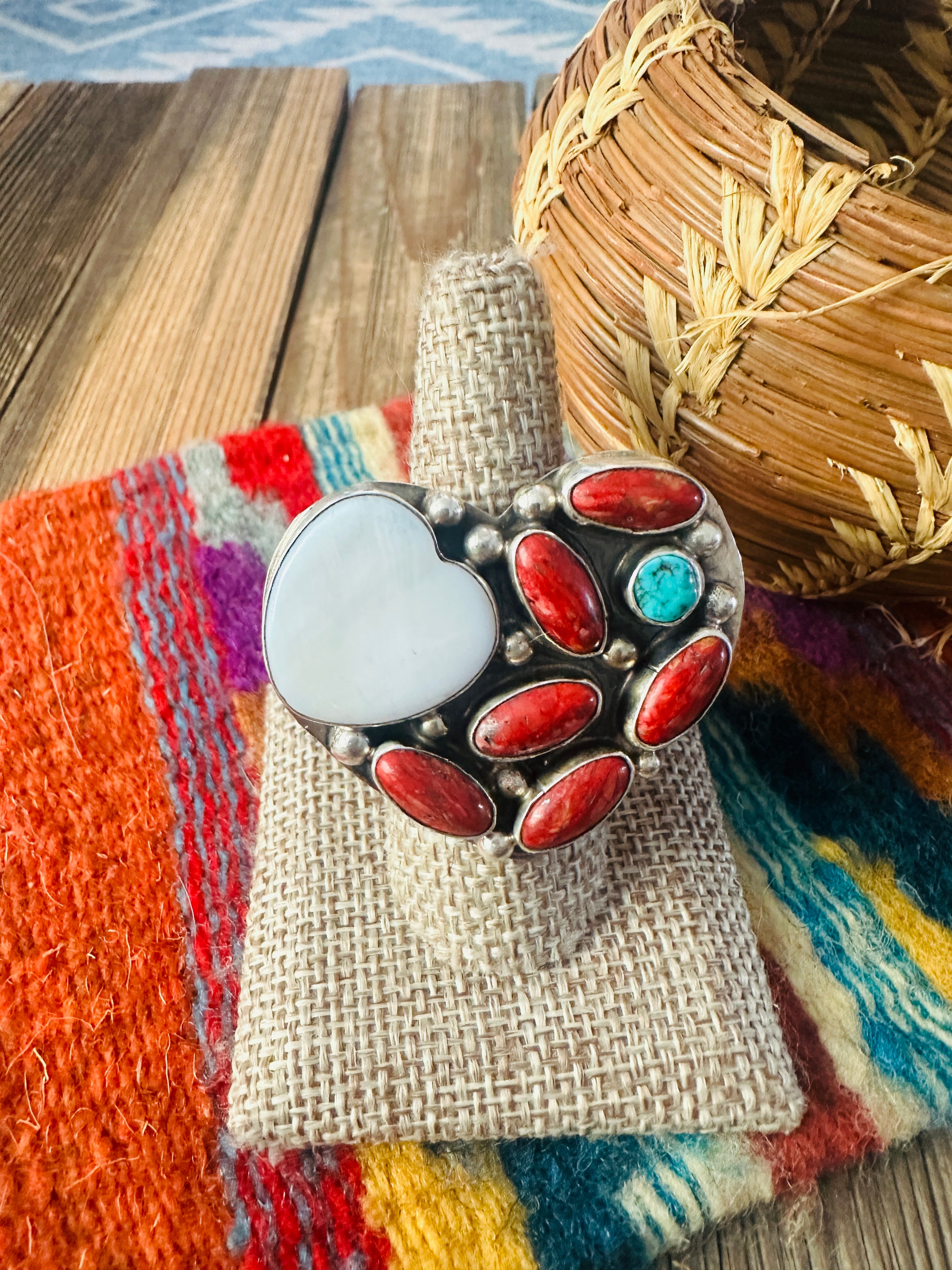 Handcrafted Multi Stone & Sterling Silver Adjustable Heart Ring by Jacqueline Silver