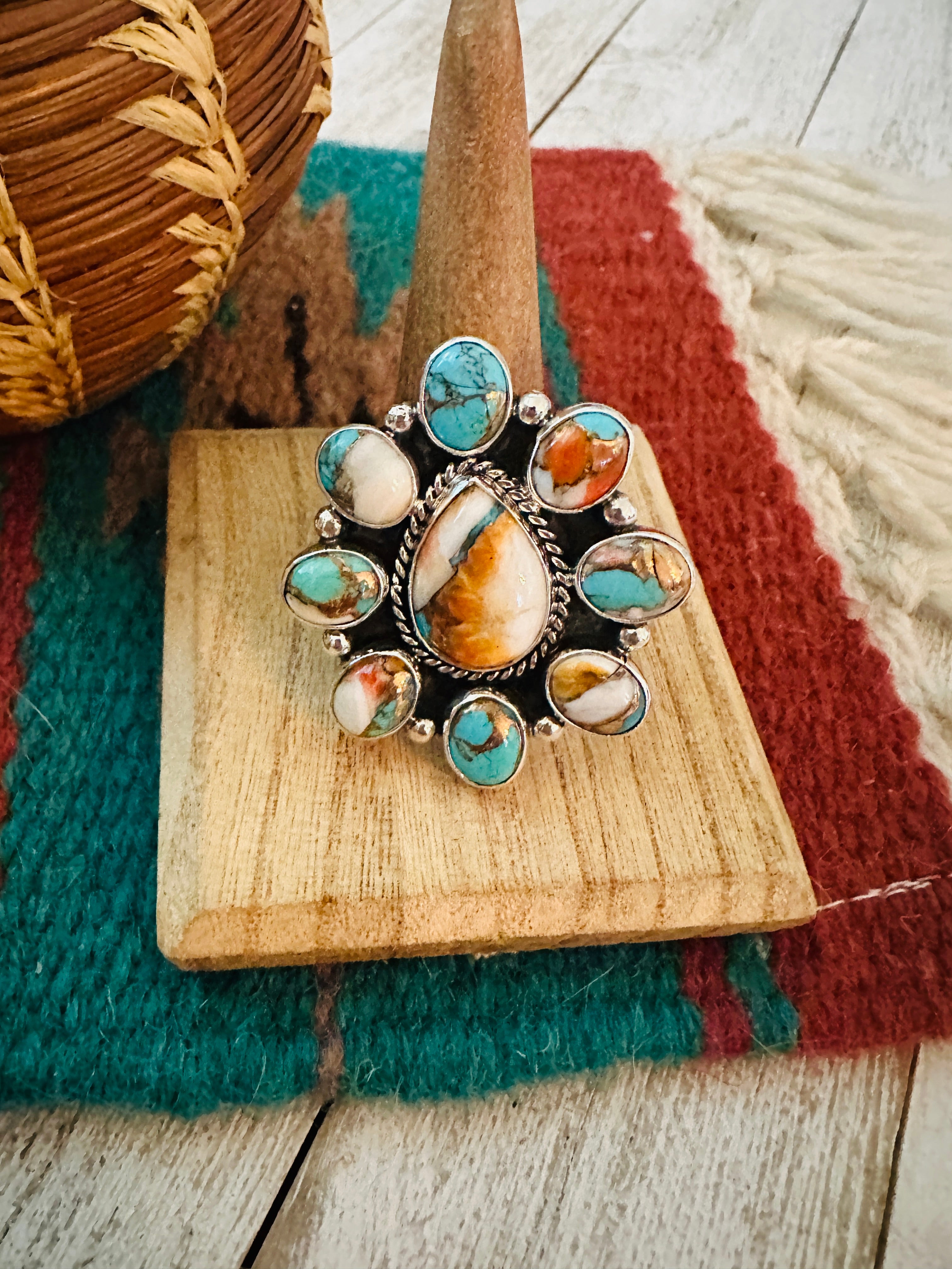 Navajo Sterling Silver & Multi Stone Spice Cluster Adjustable Ring