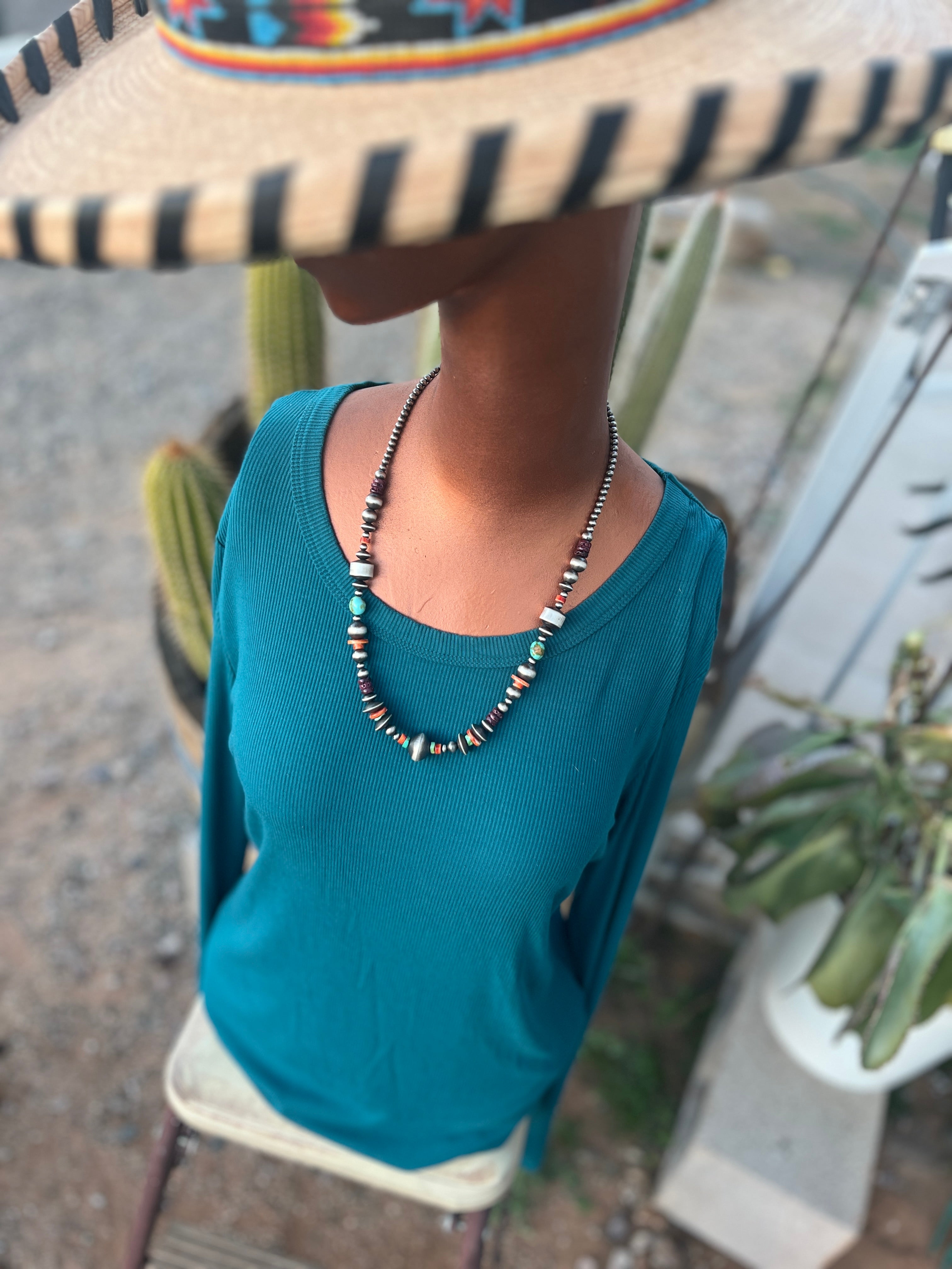 Rose Martin Electric Rainbow Sterling Silver, Turquoise and Spiny Oyster Single Strand Beaded Necklace, 22 inches