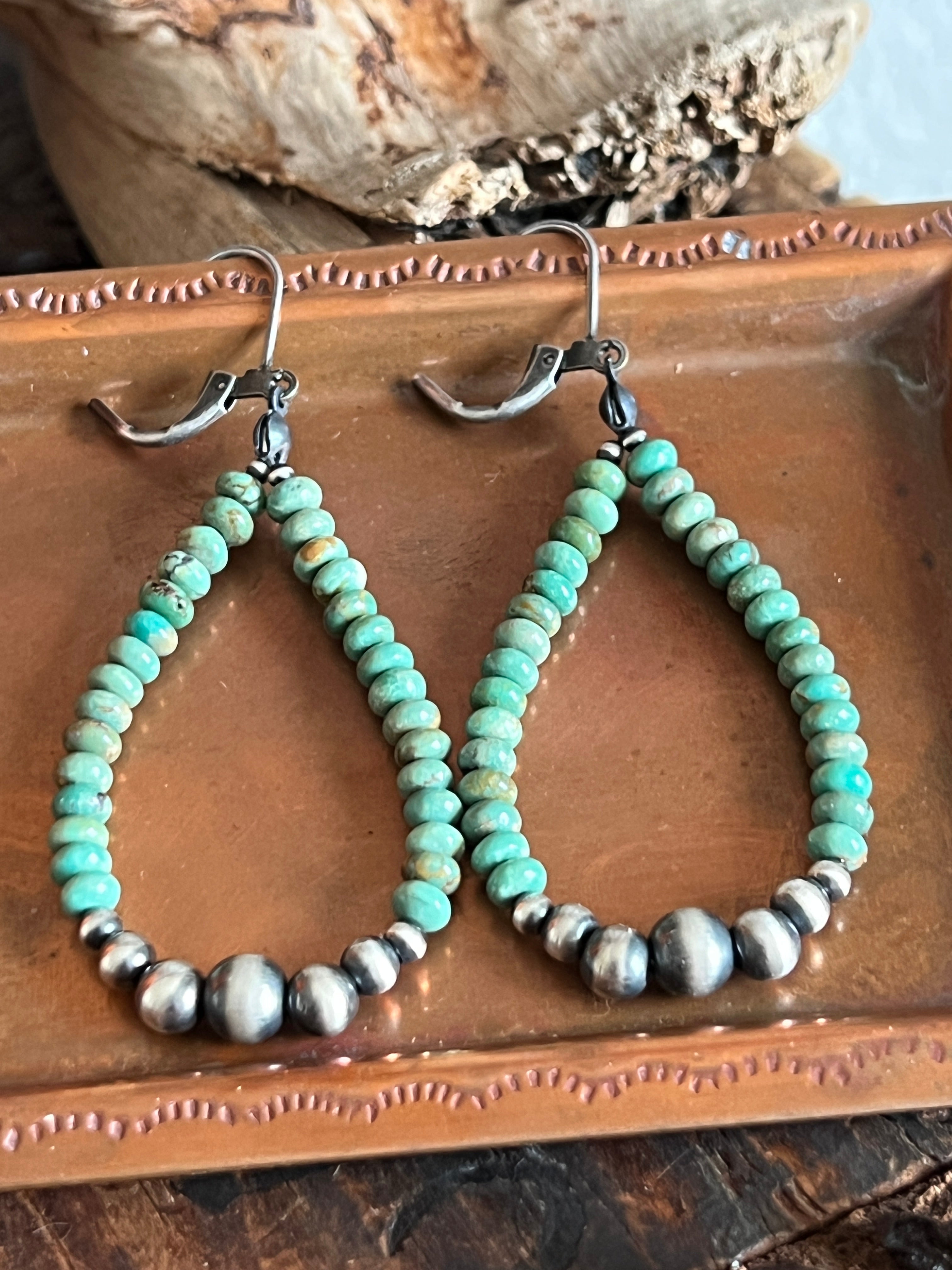 Handcrafted Sterling Silver and Turquoise Beaded Drop Hoop Earrings, Leverback