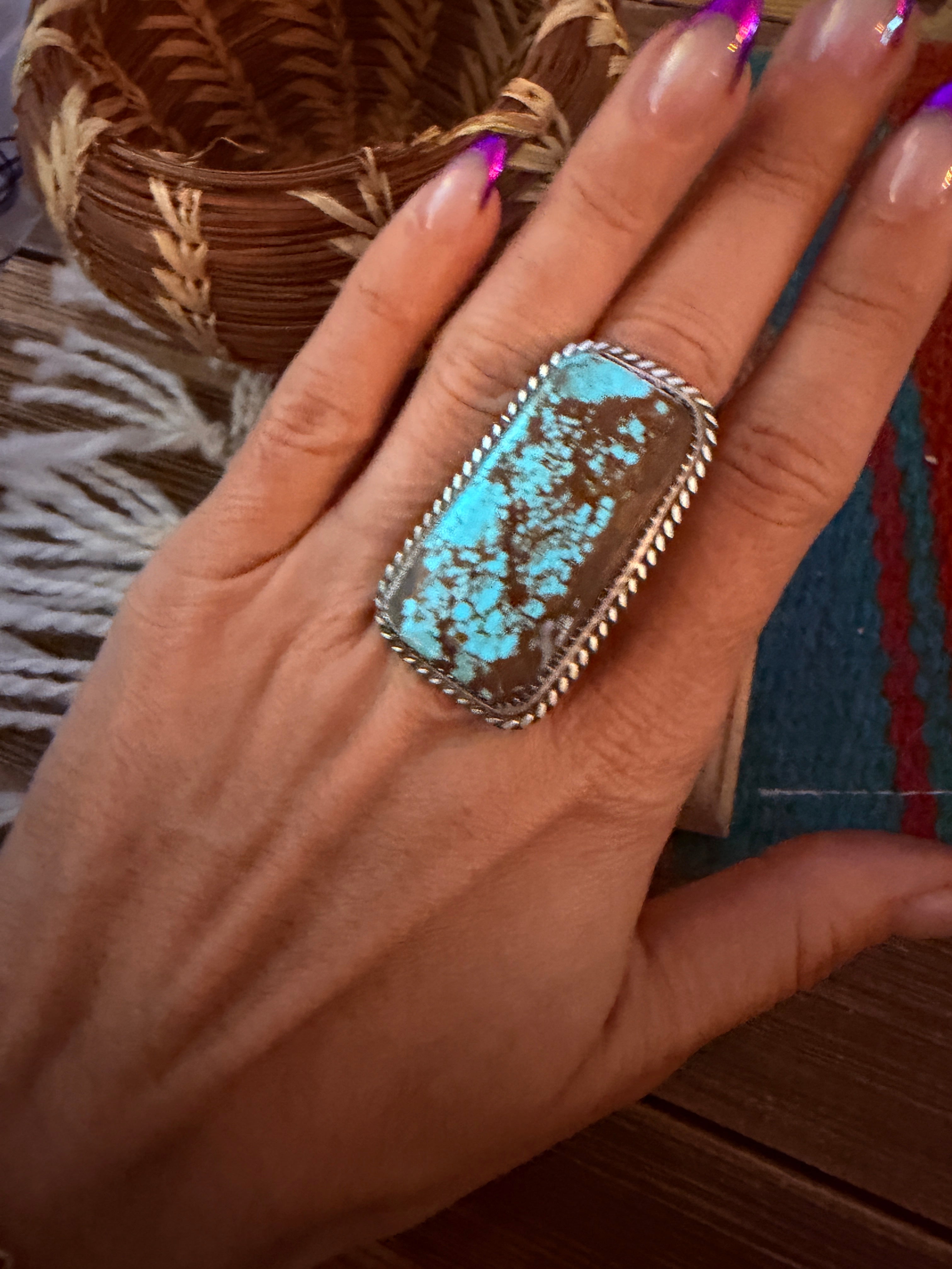 Handcrafted Royston Turquoise & Sterling Silver Ring Size 8.5 by Leslie Nez