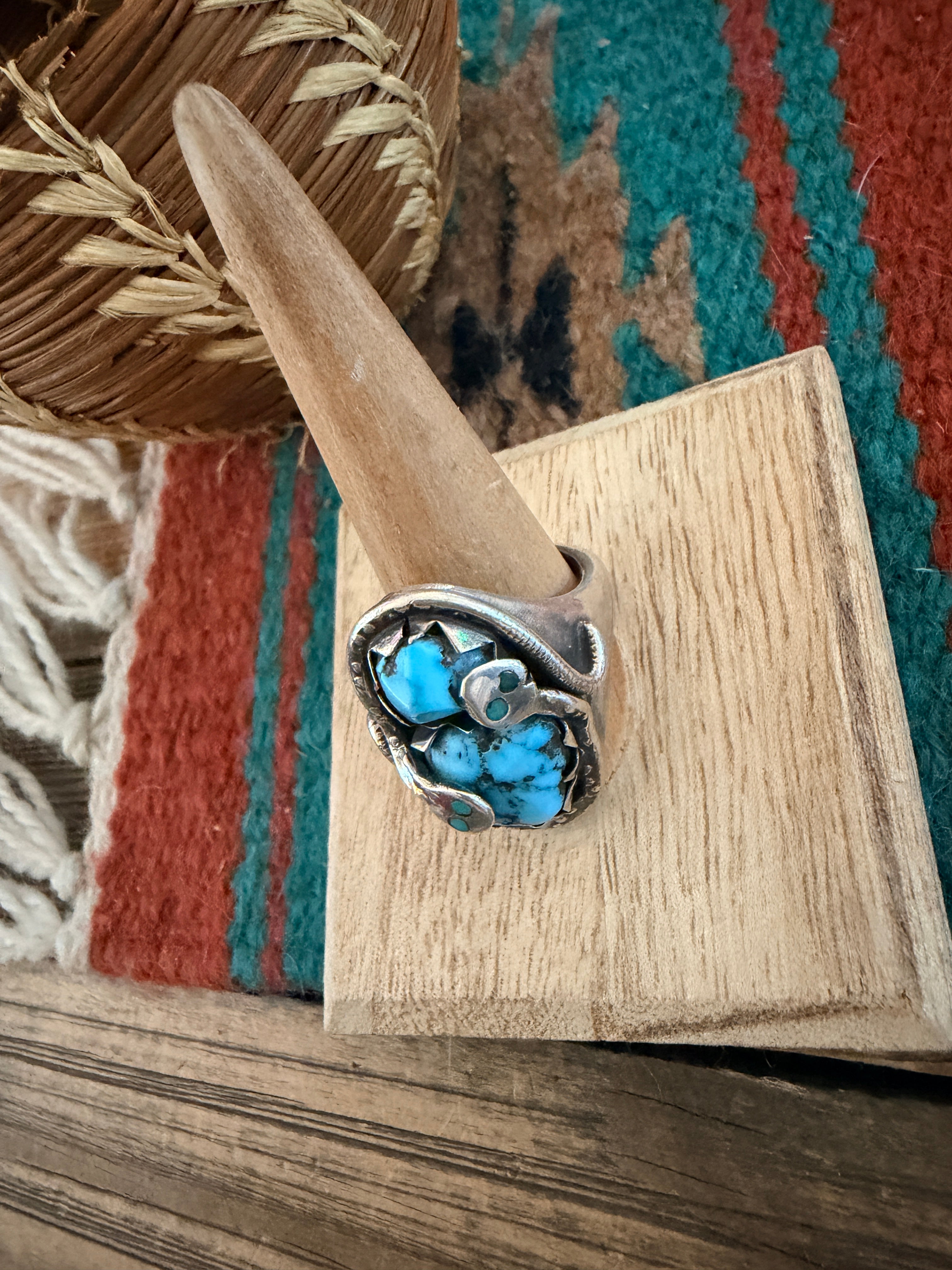Old Pawn Handcrafted Turquoise & Sterling Silver Snake Ring Size 11.5 by Effie Calavaza