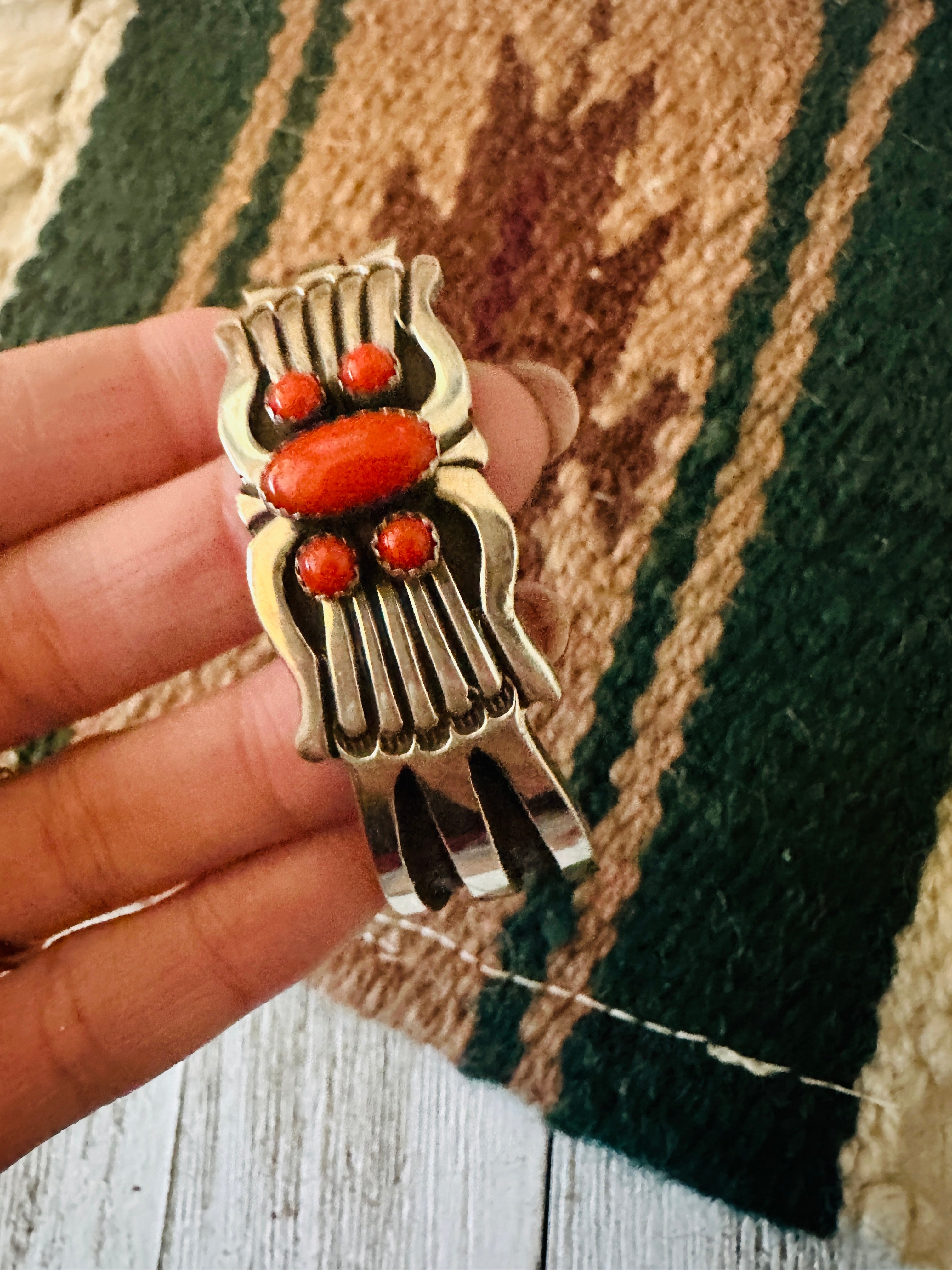 Navajo Coral & Sterling Silver Cuff Bracelet Signed