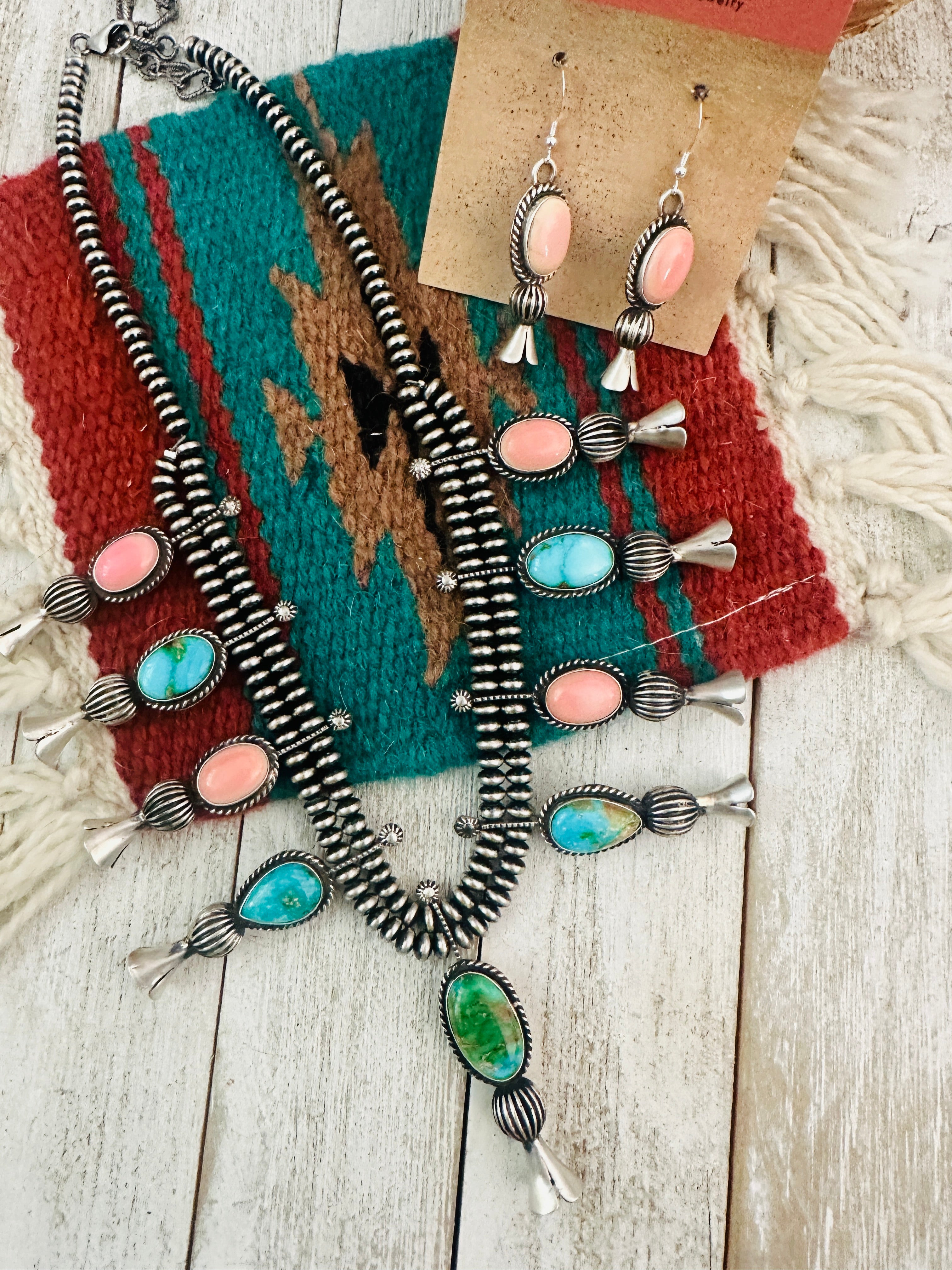 Navajo Turquoise, Pink Conch & Sterling Silver Necklace Set by Russell Sam