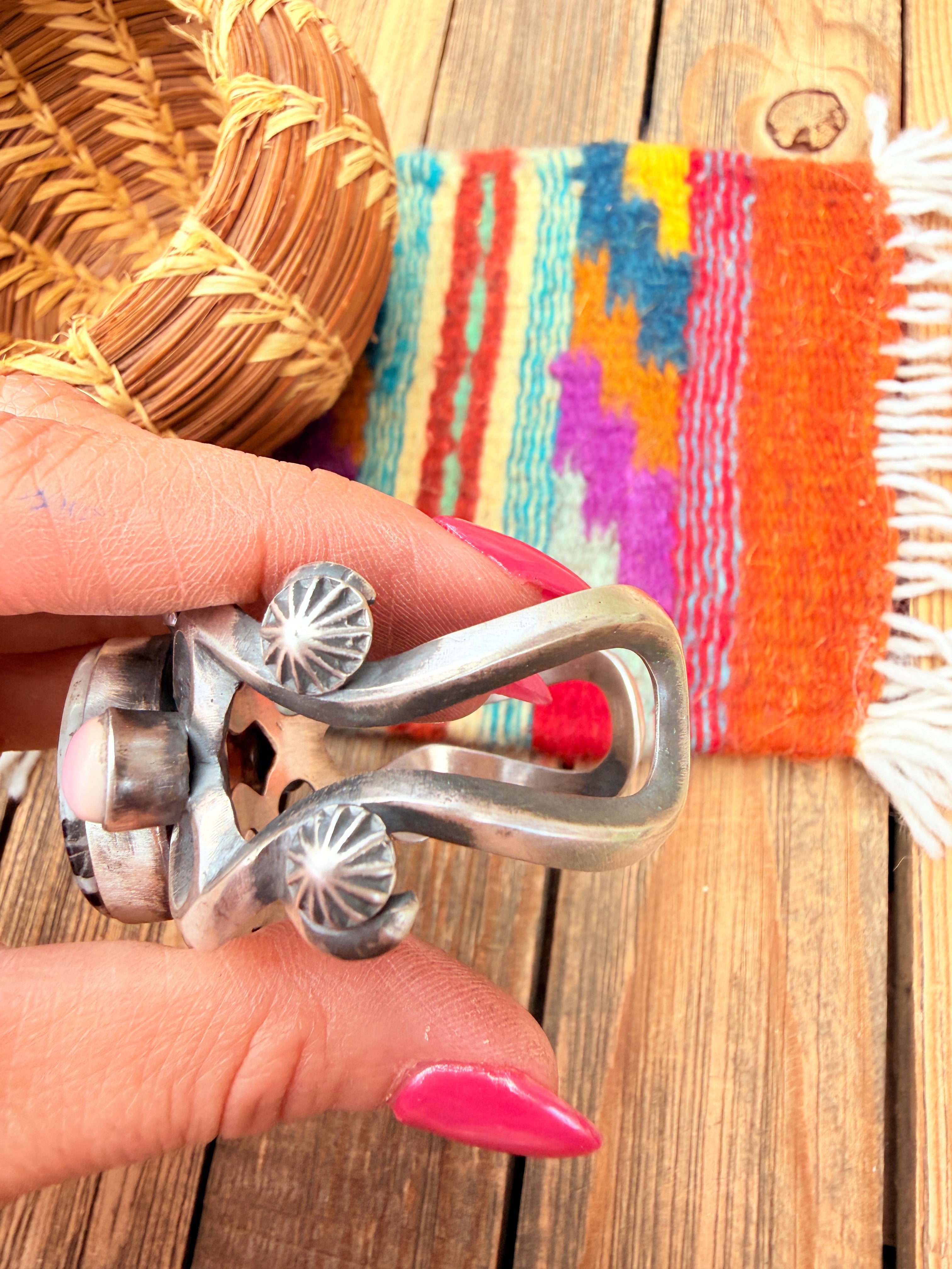 Handcrafted White Buffalo, Queen Pink & Sterling Silver Cuff Bracelet By Chimney Butte